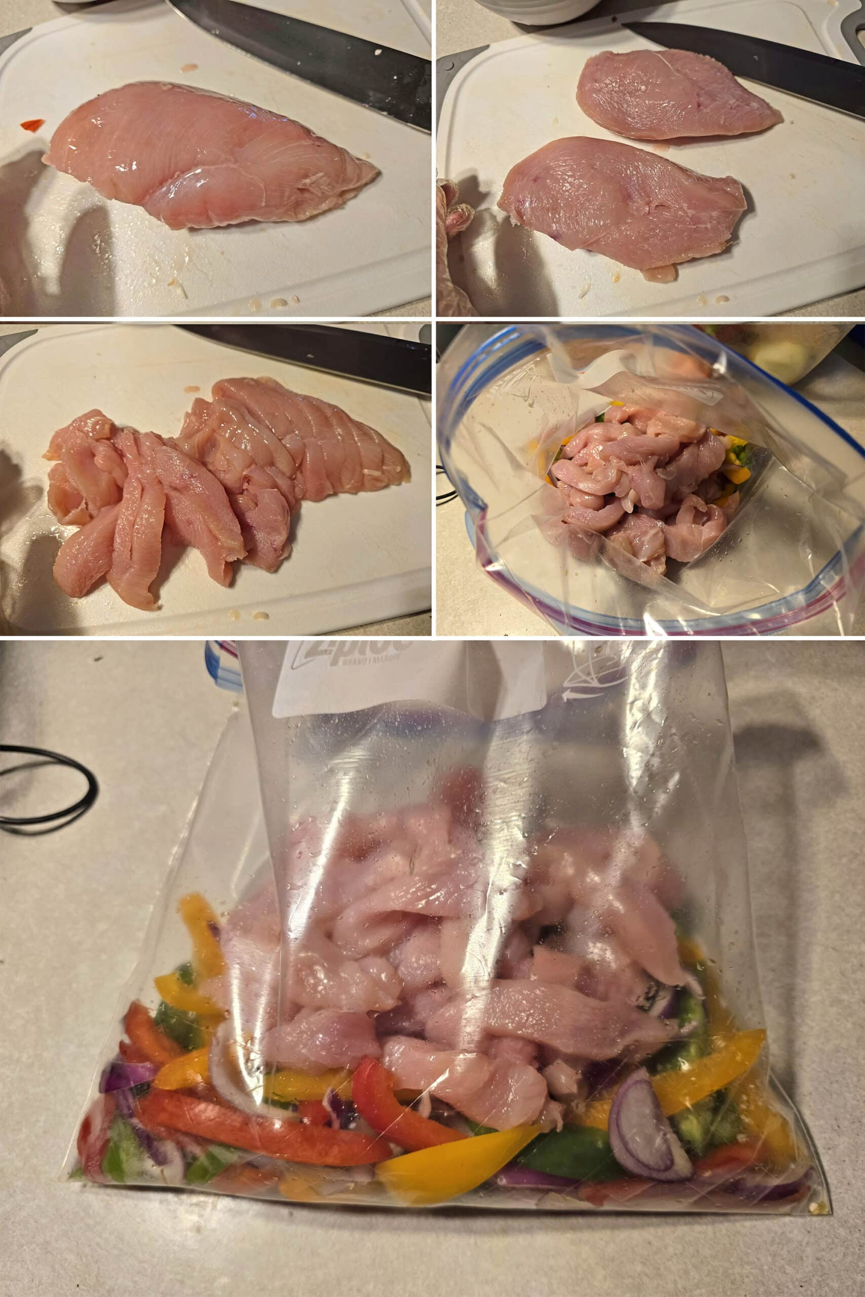 5 part image showing boneless skinless chicken breasts being cut and added to the baggie of vegetables.