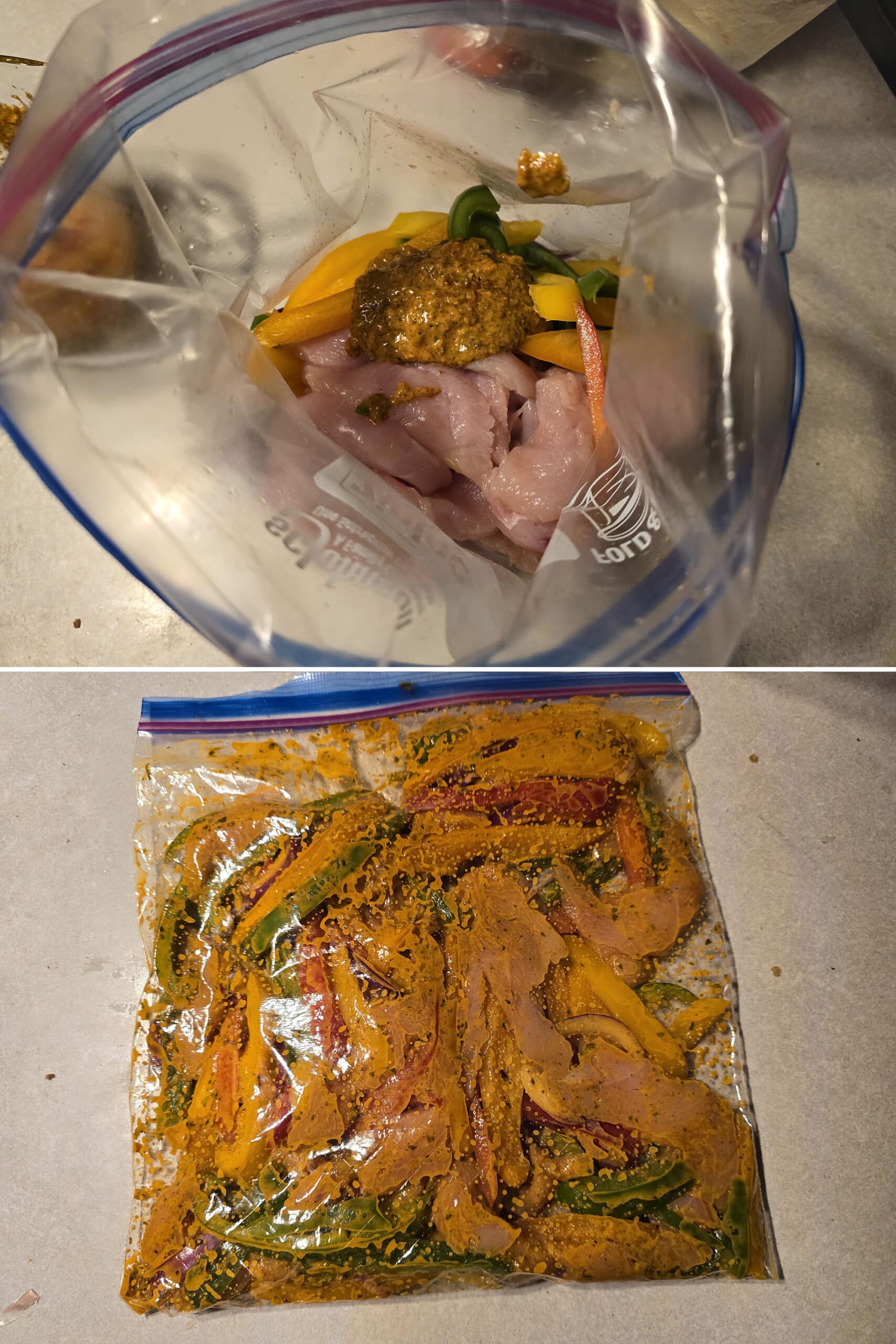 2 part image showing the marinade being added to the baggie, shaken and sealed.