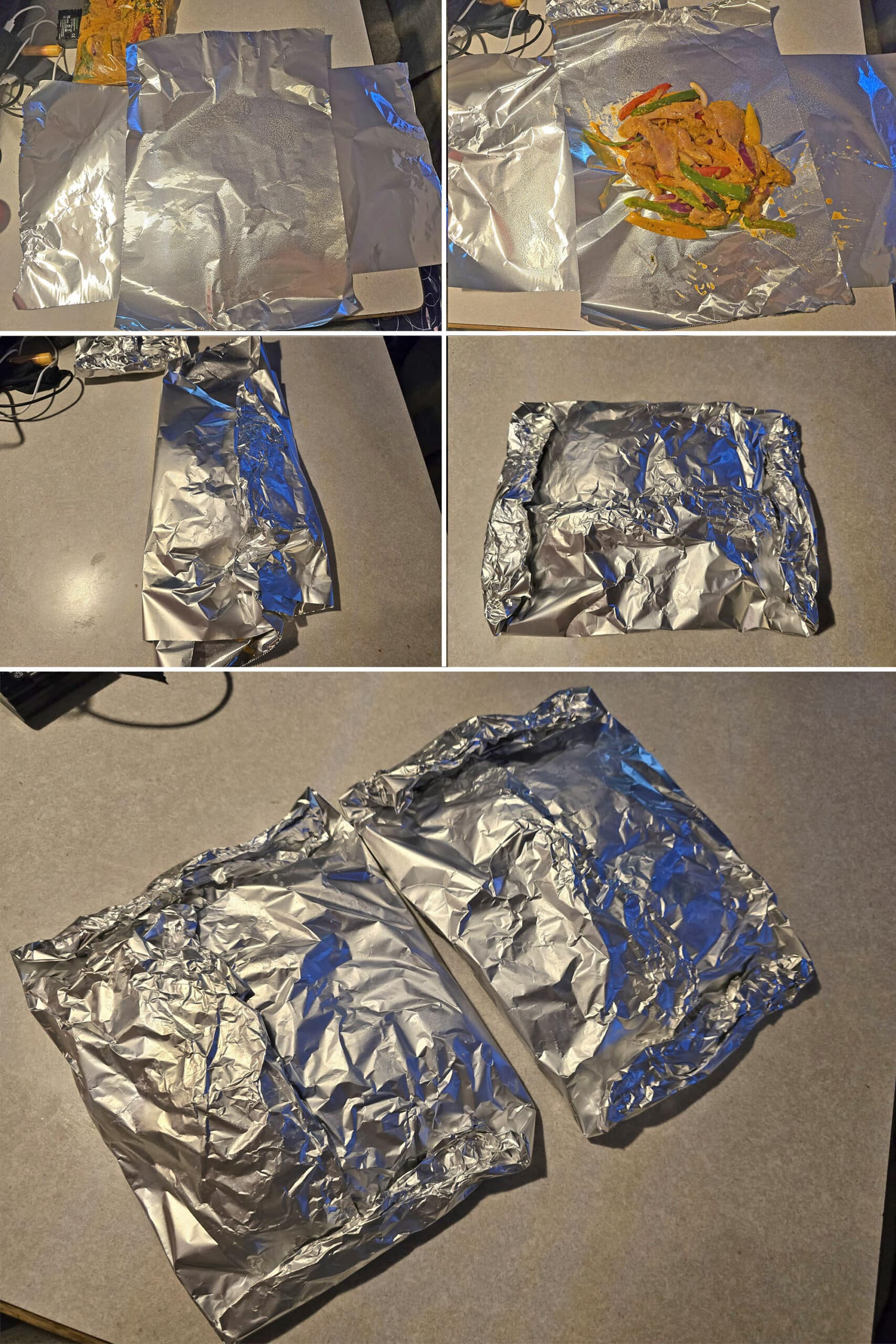 5 part image showing the chicken and peppers being folded into a foil packet.