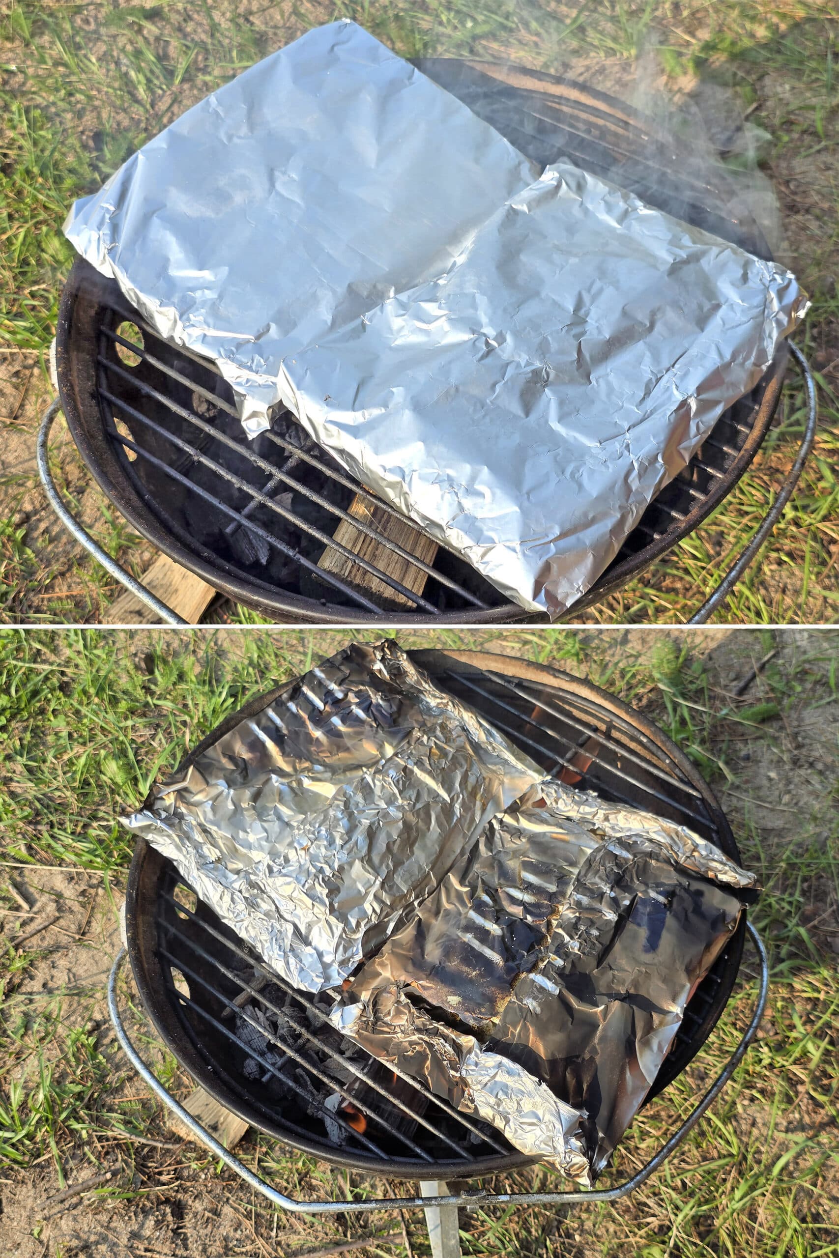 2 part image showing campfire fajita packets cooking on a charcoal grill.