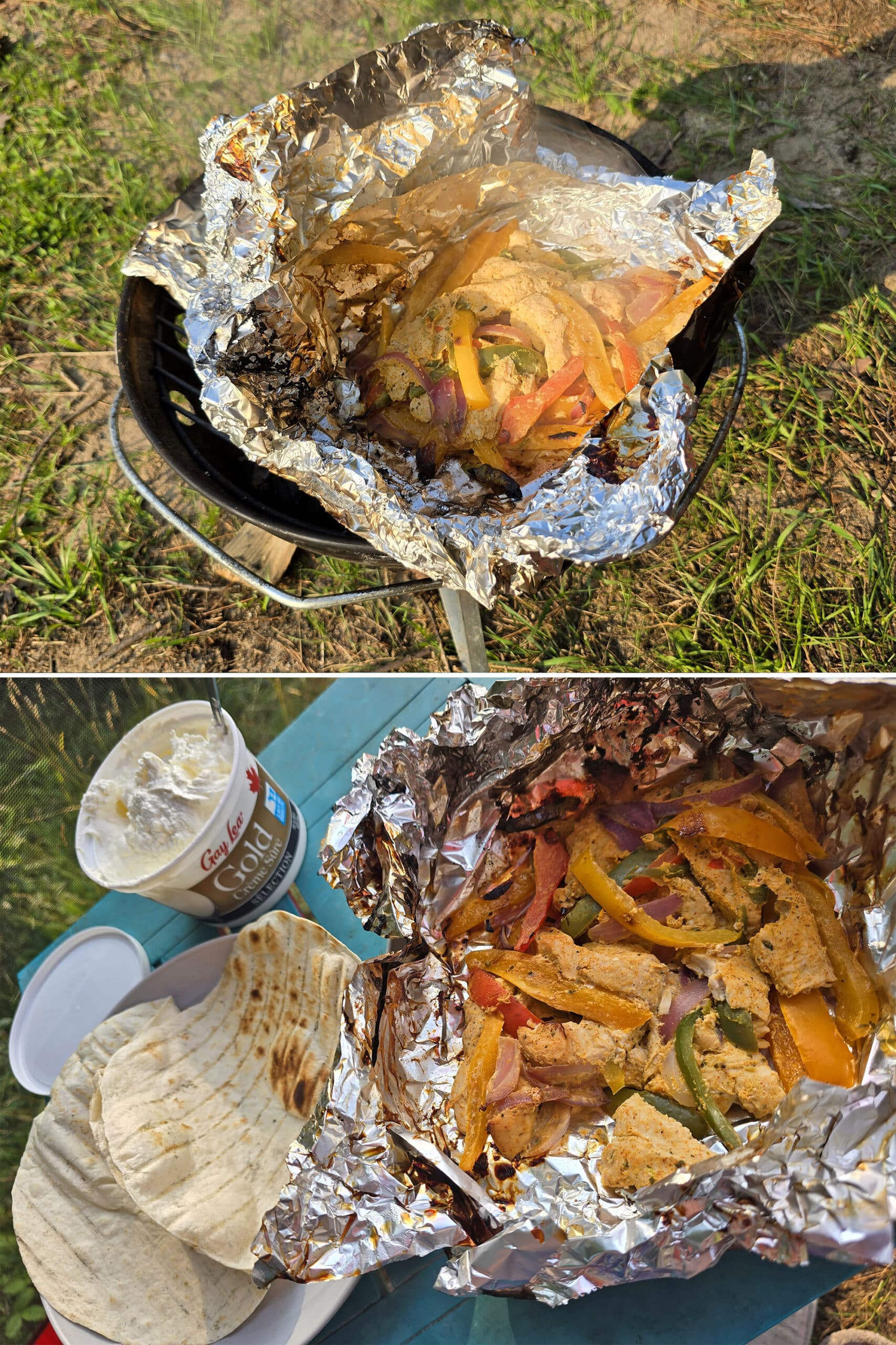 2 part image showing the cooked foil packet being opened, then served with fajita toppings.