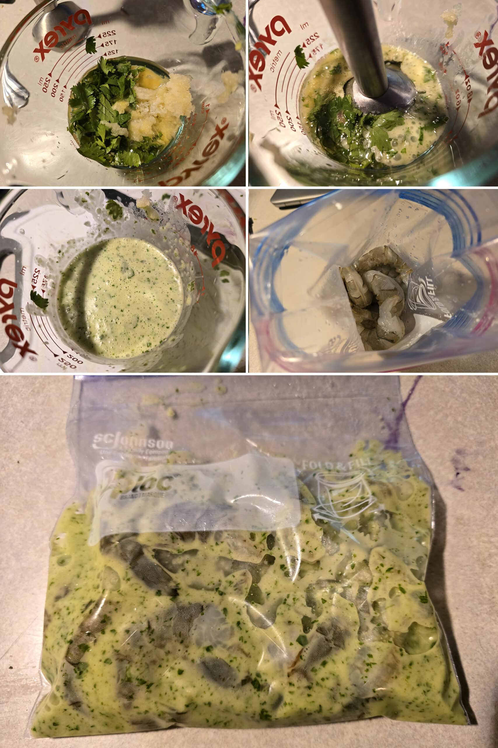 5 part image showing the marinade being mixed and added to large shrimp in a bag.