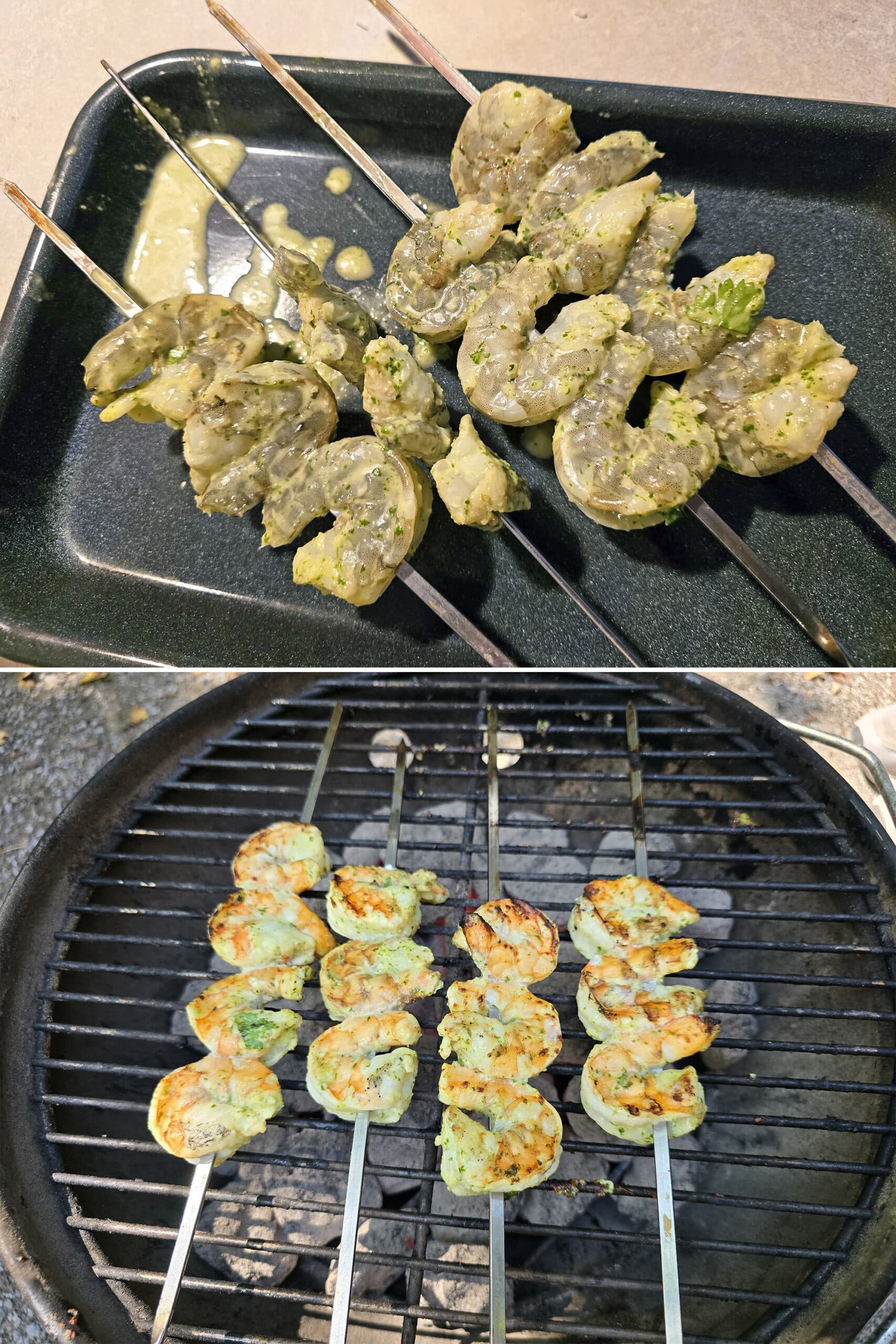 2 part image showing large marinated shrimp grilling over a campfire.