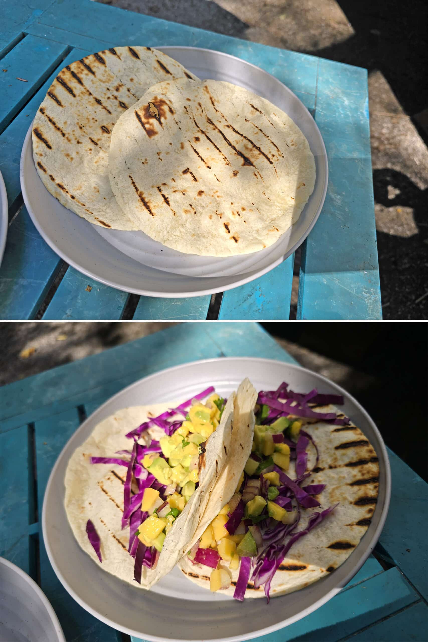 2 part image showing charred flour tortillas being topped with taco toppings, before adding the grilled shrimp.