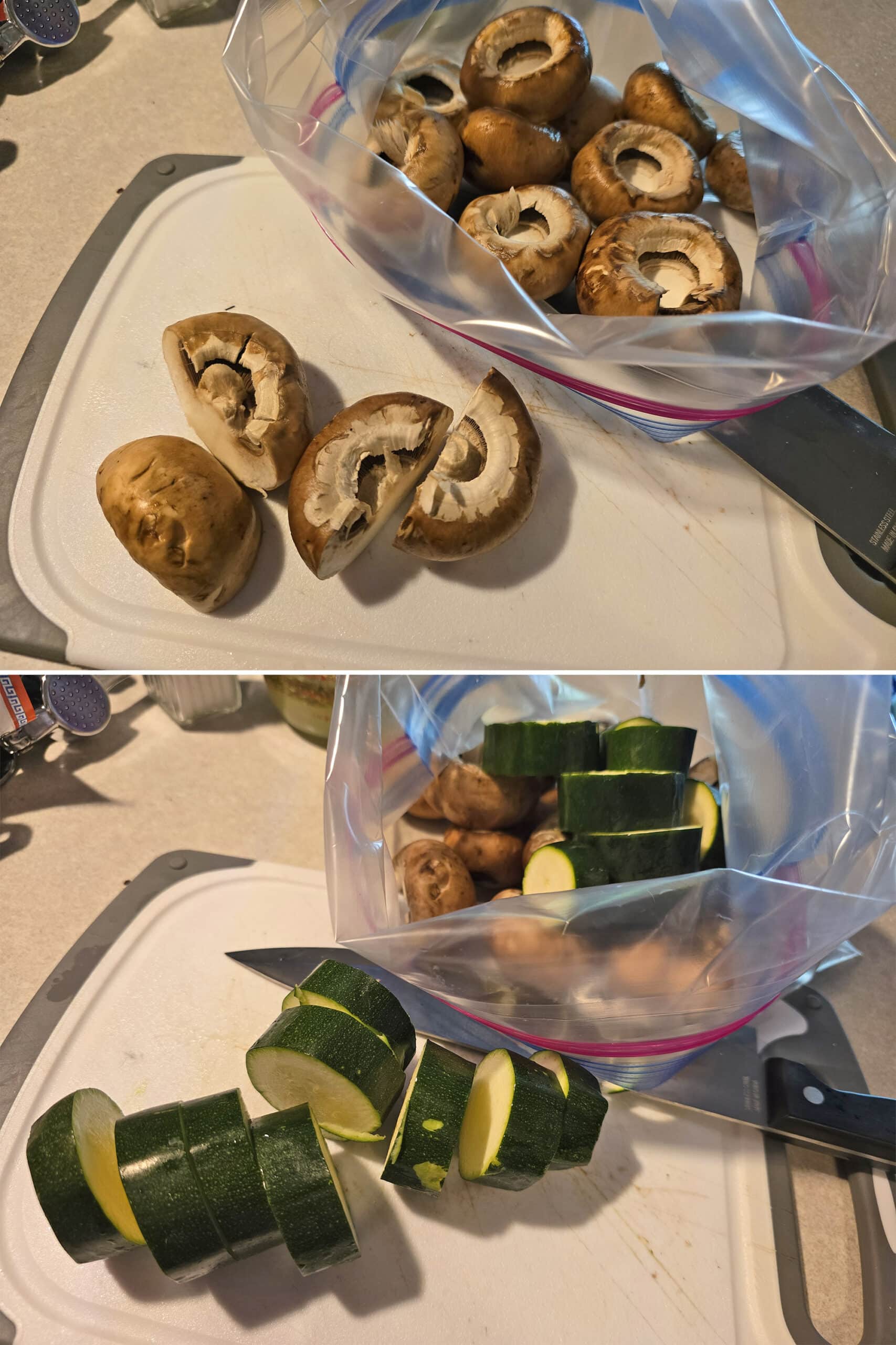 2 part image showing the mushrooms and zucchini being prepped and put into a plastic baggie.