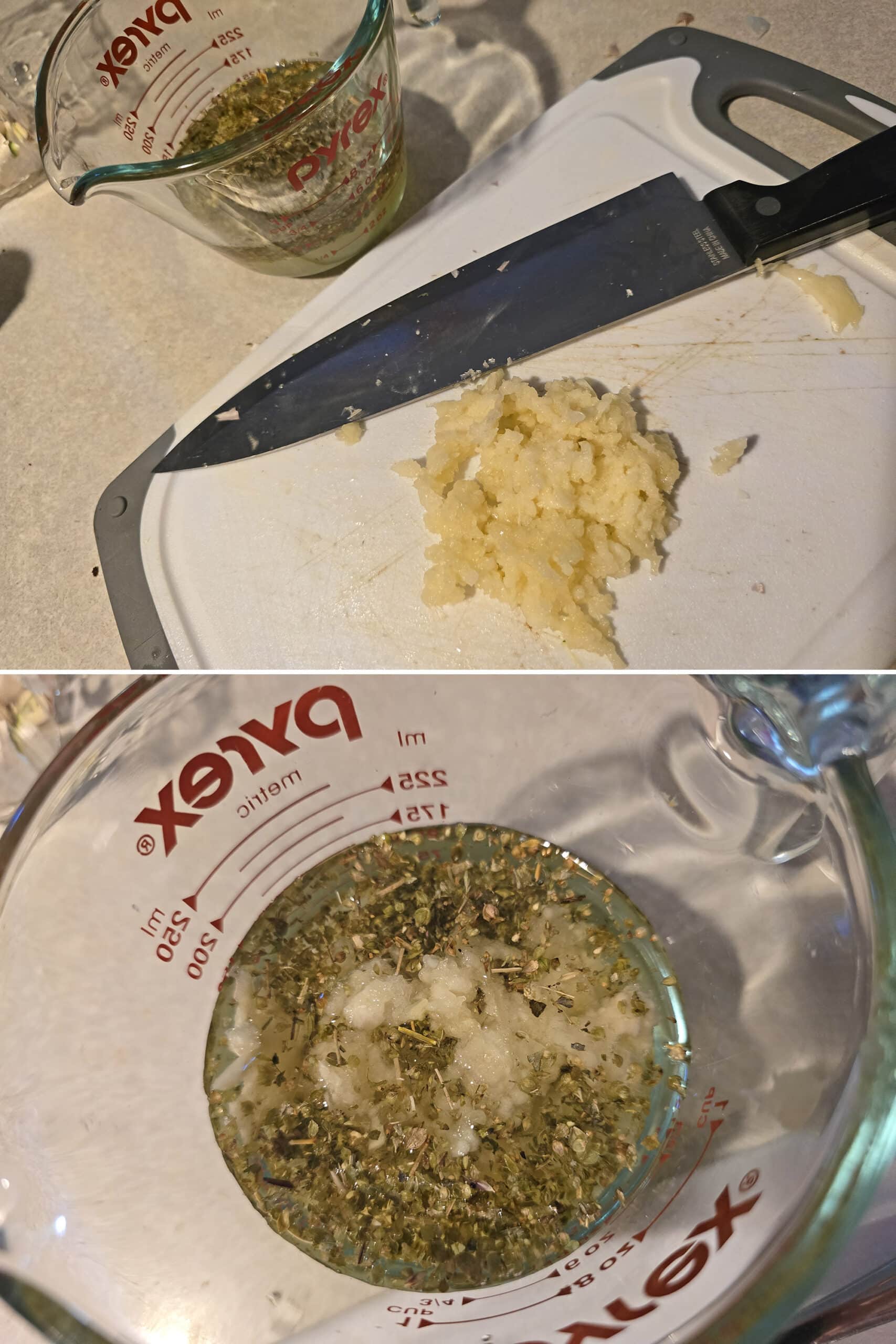 2 part image showing fresh garlic being minced and added to a cup of marinade ingredients.