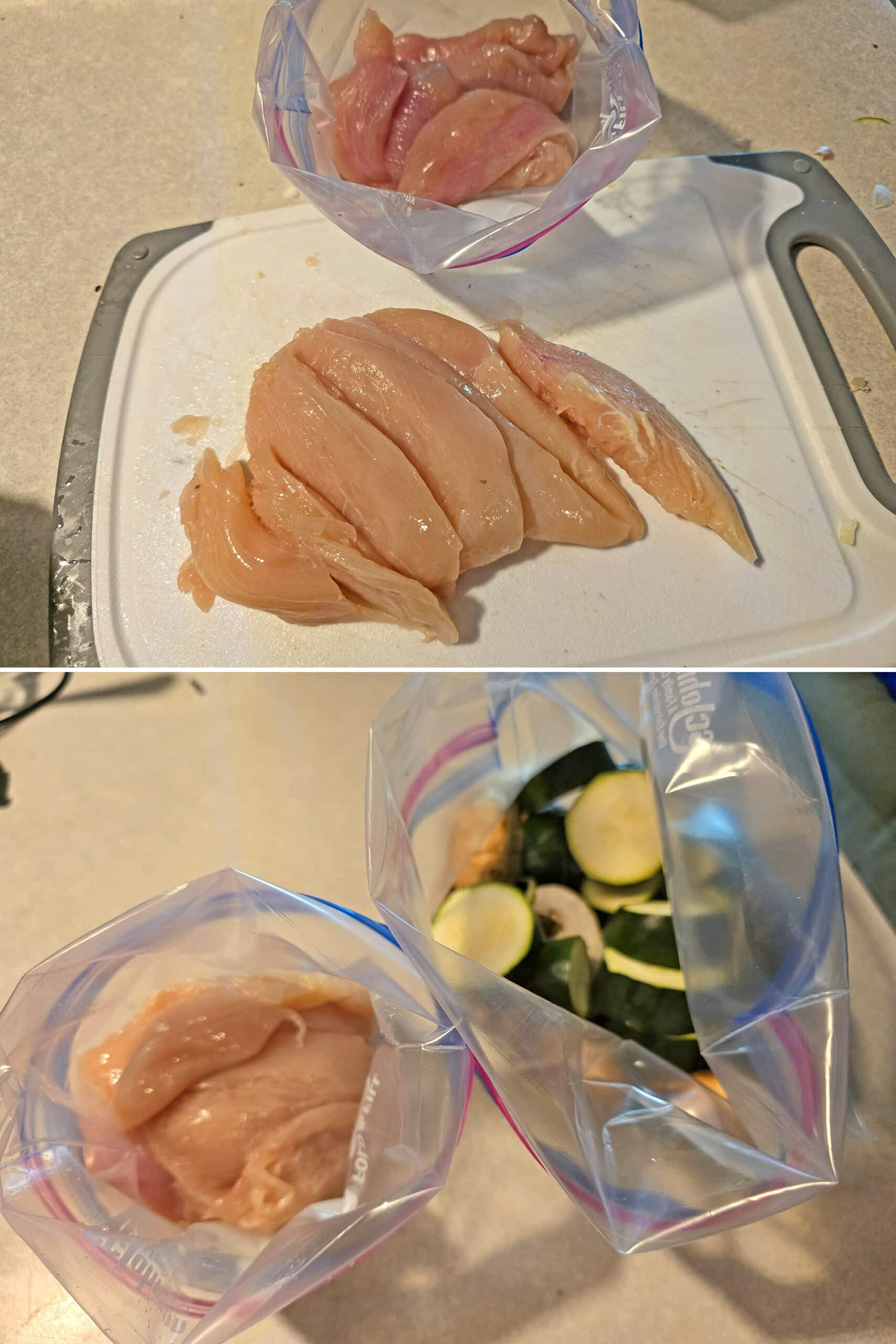 2 part image showing the chicken breasts being sliced up and put into a plastic baggie.