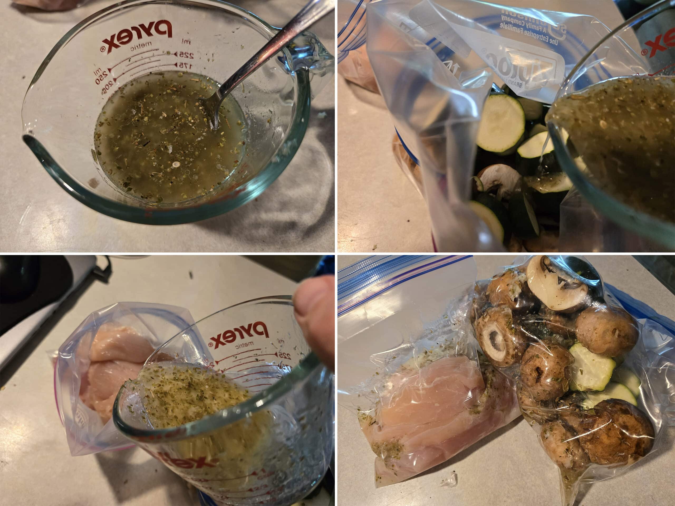 4 part image showing the Mediterranean Chicken marinade being mixed and poured into bags of vegetables and chicken.