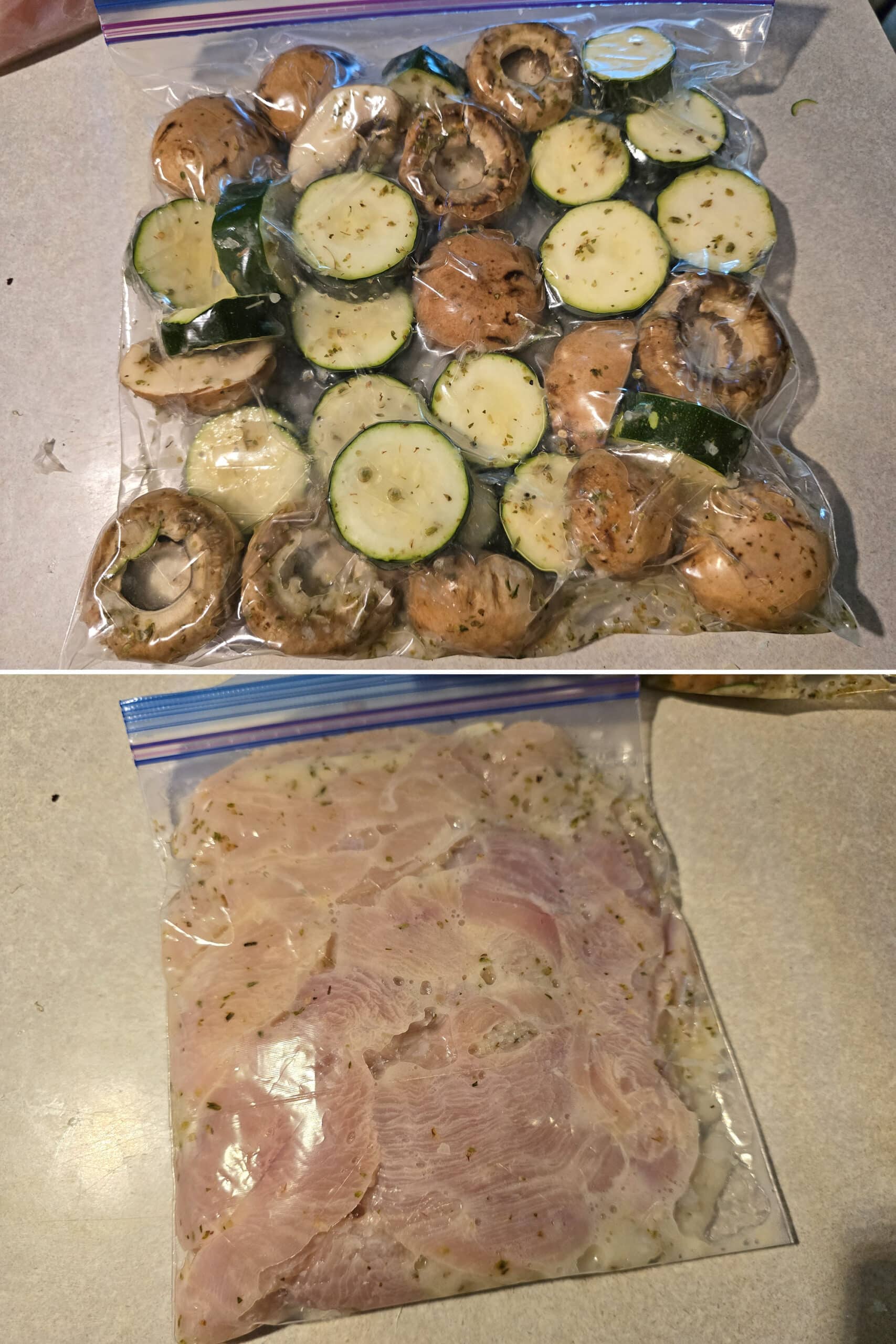 2 part image showing a bag of marinating veggies, and a bag of marinating chicken.