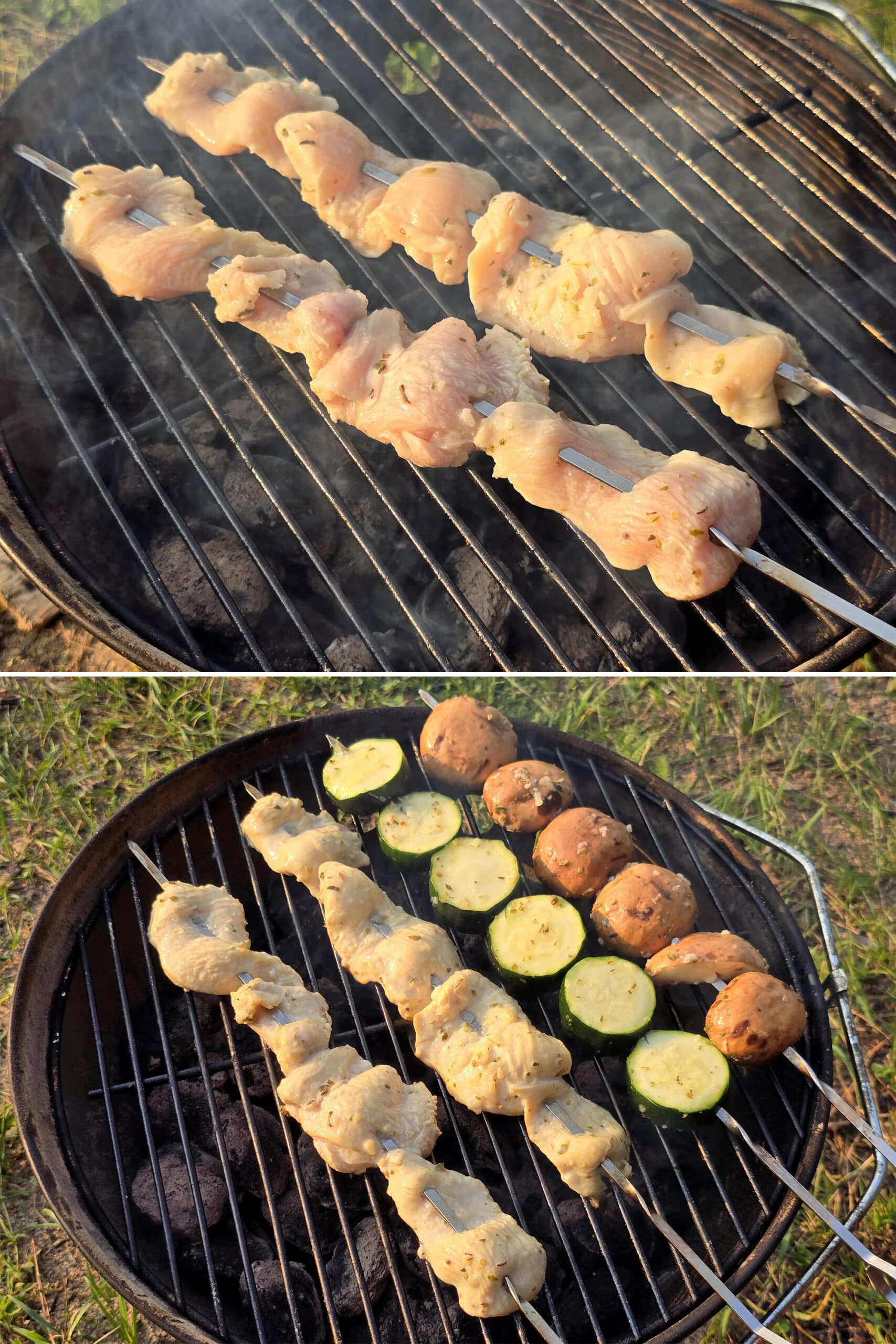 2 part image showing the mediterranean chicken kebabs grilling on a campfire.