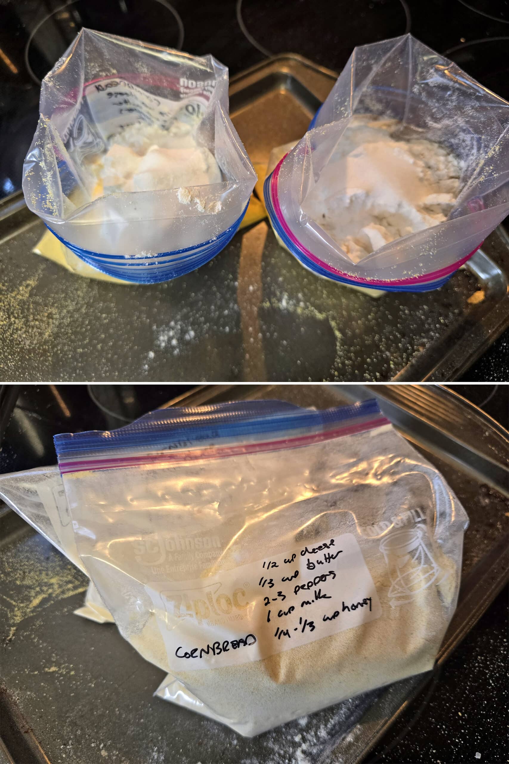 2 part image showing cornbread mix ingredients being combined in freezer bags and labelled.