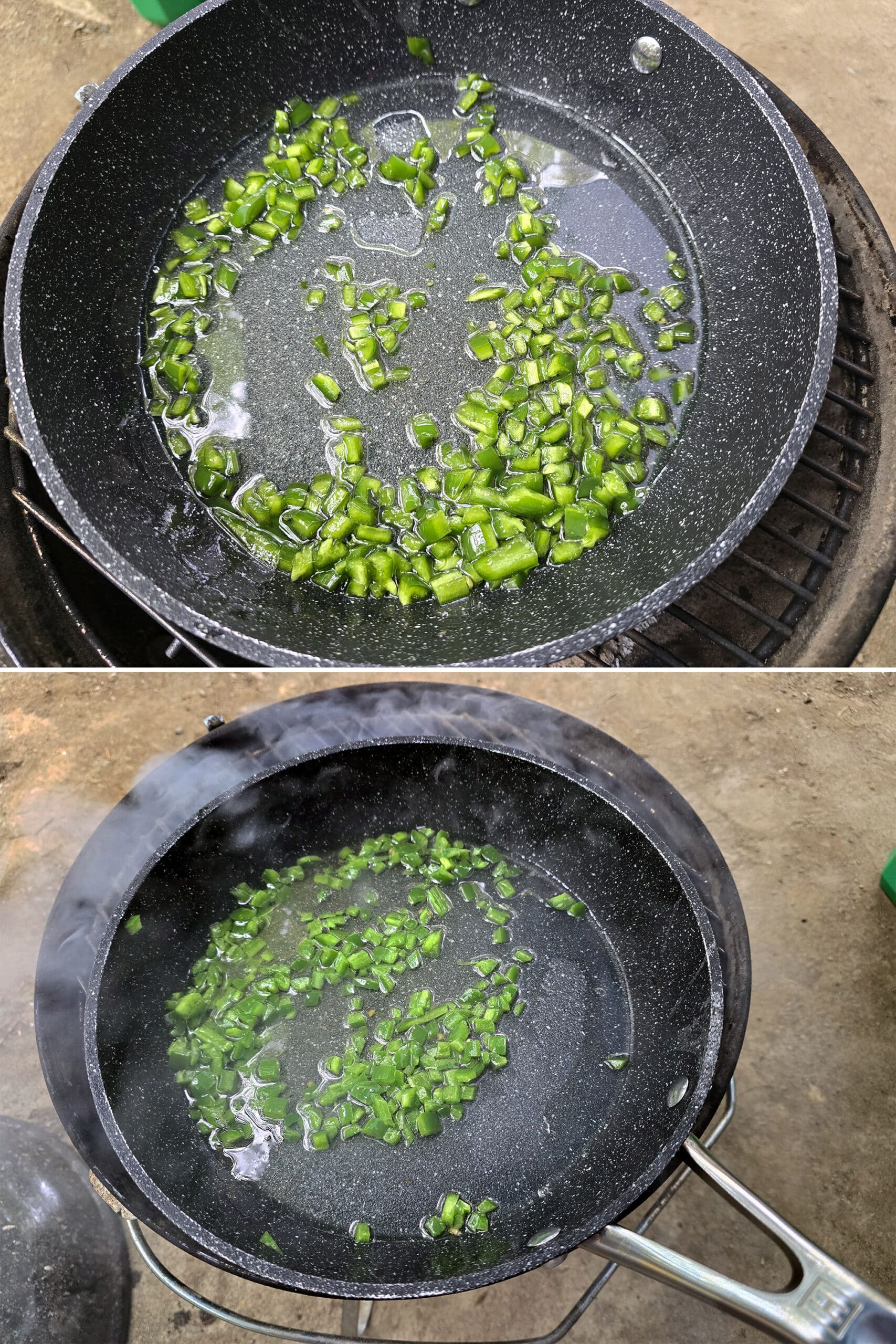 2 part image showing jalapenos cooking in butter over a campfire.