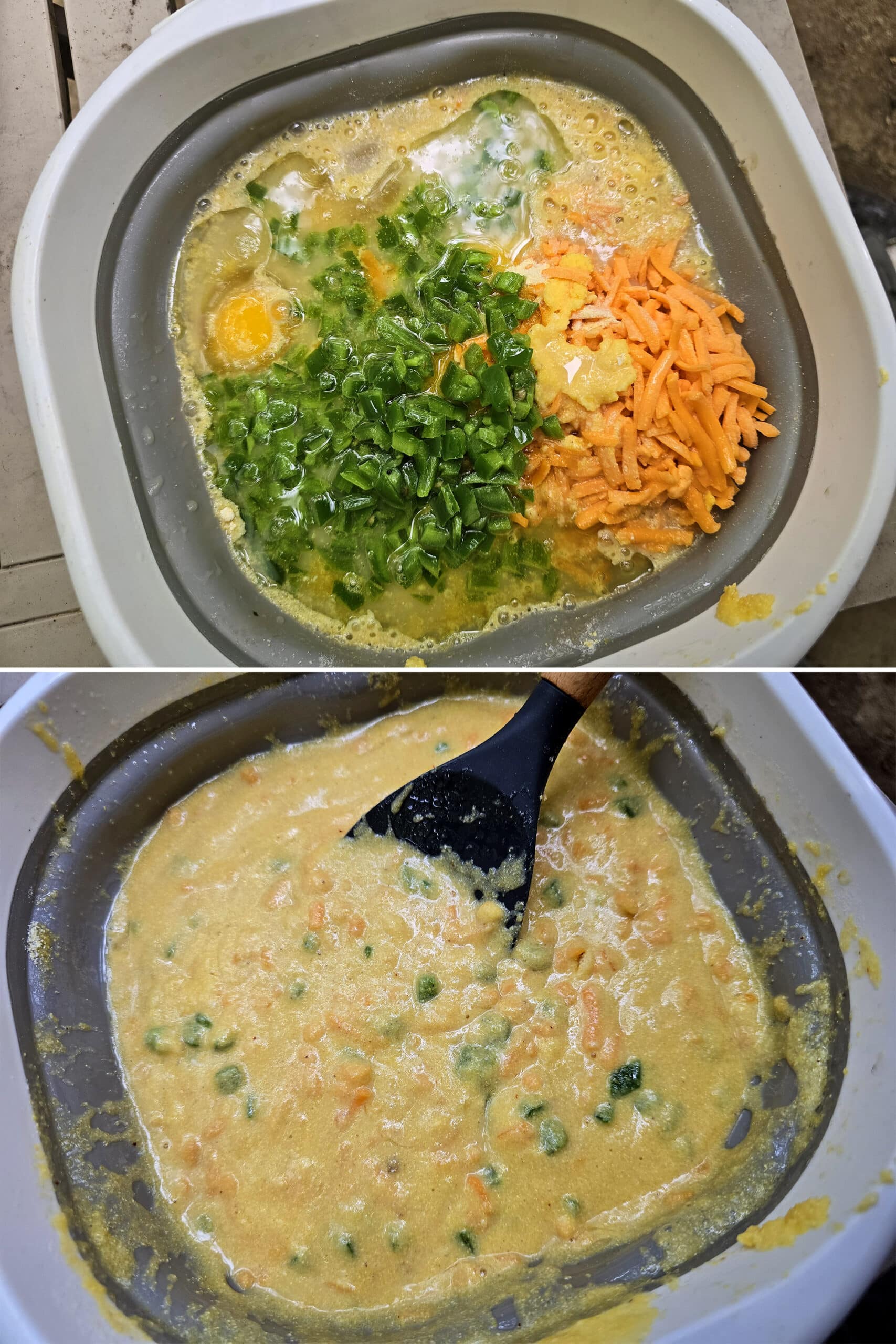 2 part image showing the jalapeno cheddar jalapeno cornbread batter being mixed together.