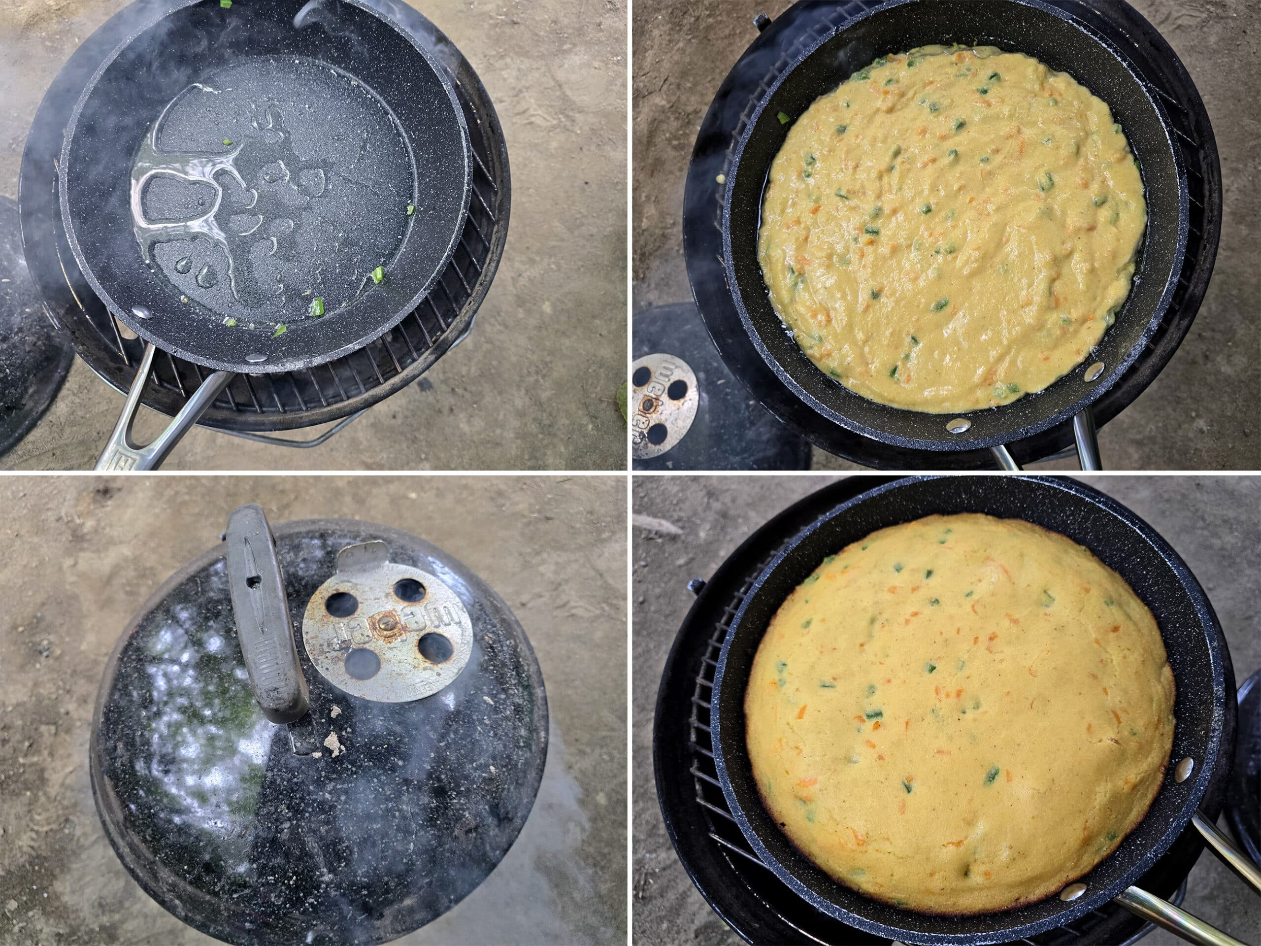 4 part image showing jalapeno cornbread batter being added to a pan with jalapeno butter, then covered and cooked over a fire.