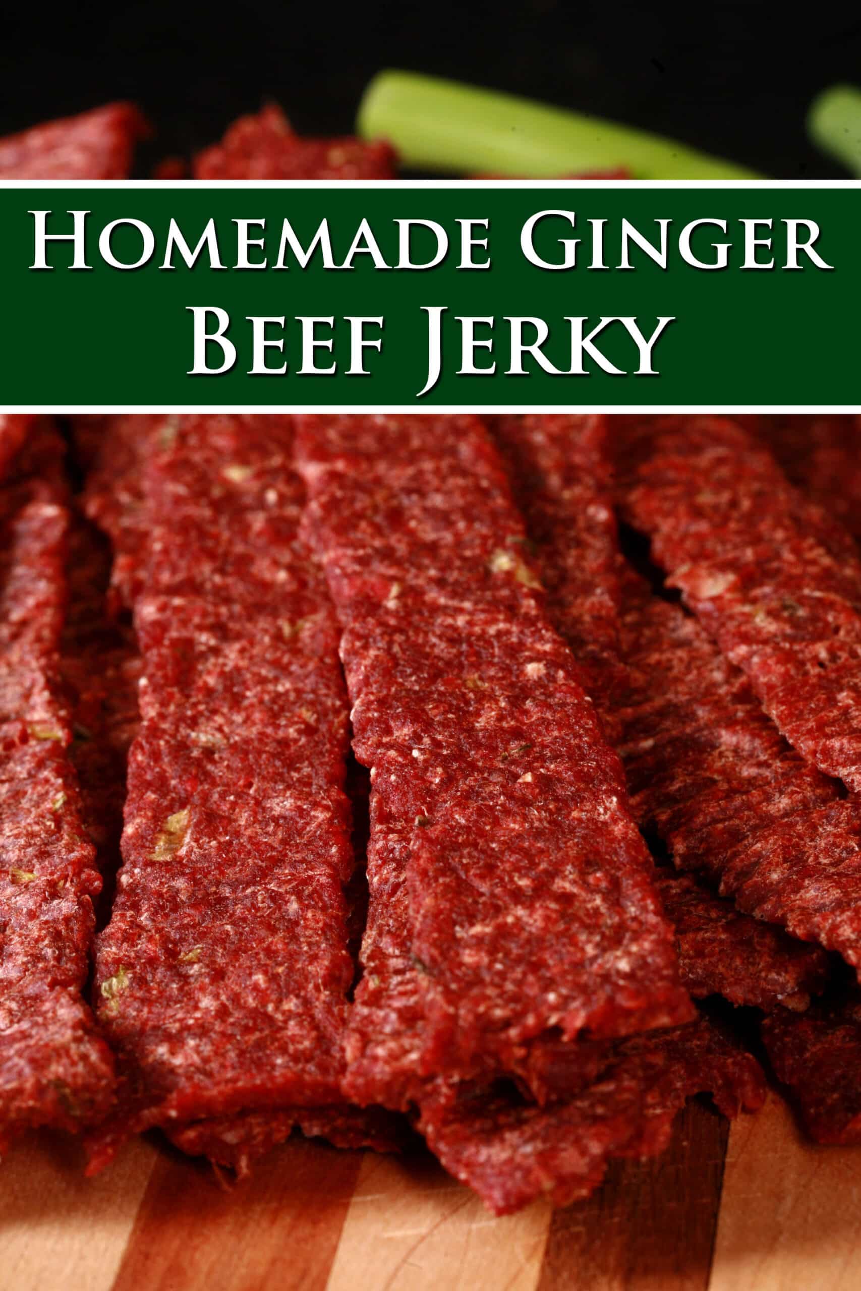 A pile of homemade ginger ground beef jerky on a wooden cutting board with green onions. Overlaid text says homemade ginger beef jerky.