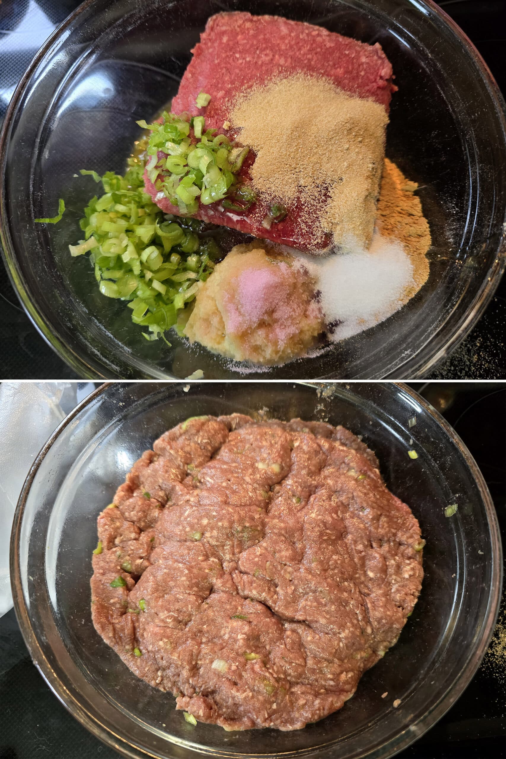 2 part image showing lean ground beef being mixed with the rest of the ginger jerky ingredients.