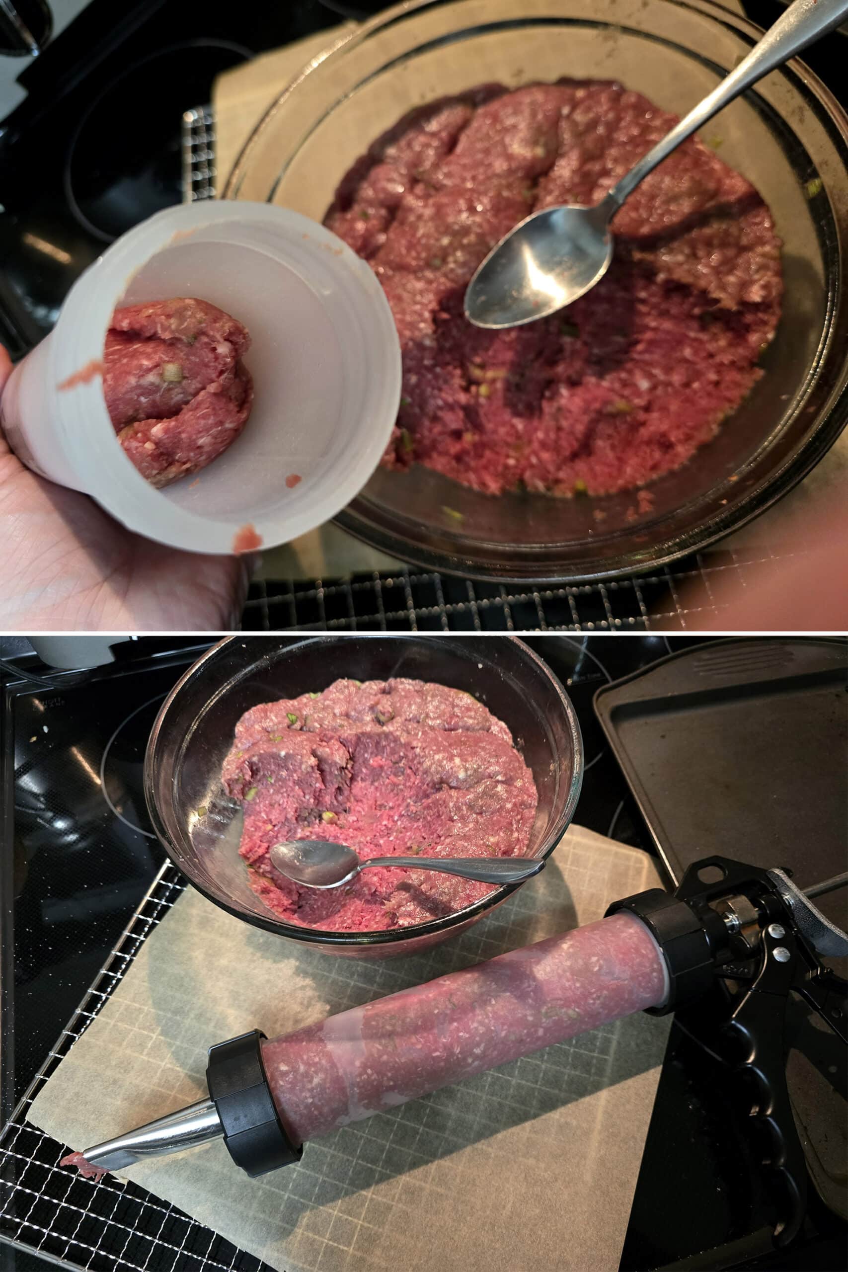 2 part image showing ginger beef jerky being spooned into a jerky gun.