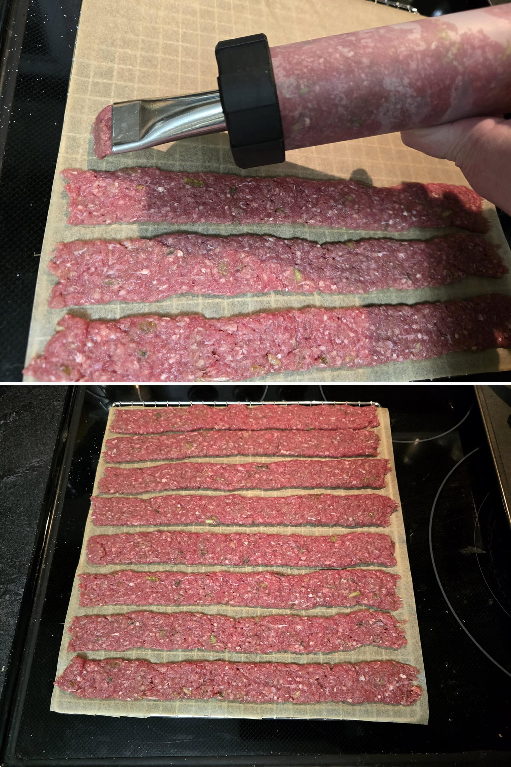 2 part image showing a jerky gun being used to pipe ginger ground beef jerky strips onto parchment paper.