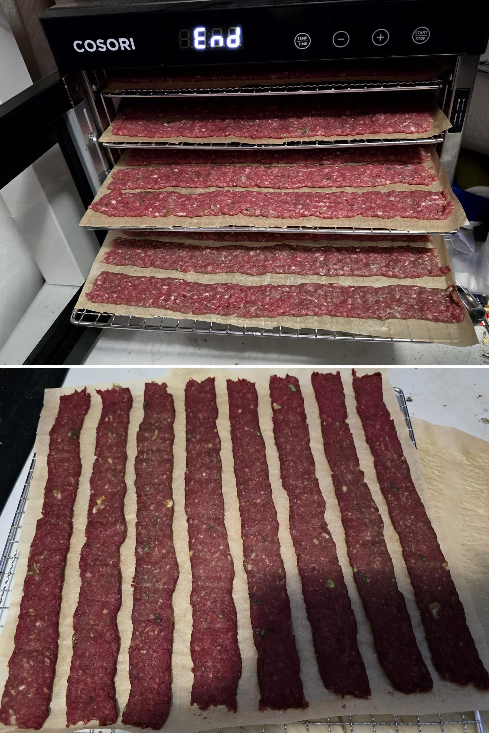 2 part image showing the homemade ginger beef jerky strips before and after dehydrating for 2 hours.