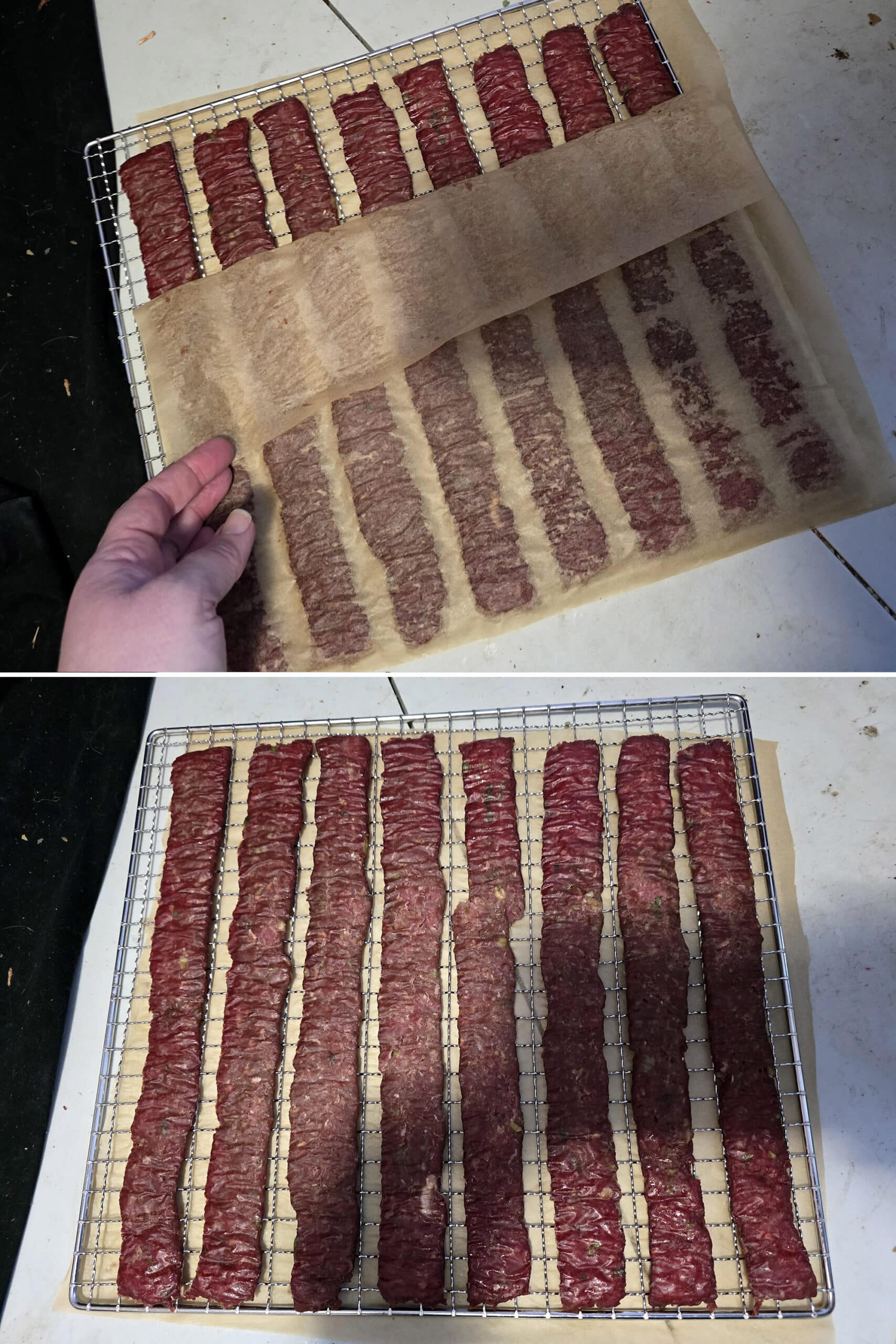 2 part image showing the homemade ginger beef jerky being peeled from parchment and placed directly on the dehydrator racks.