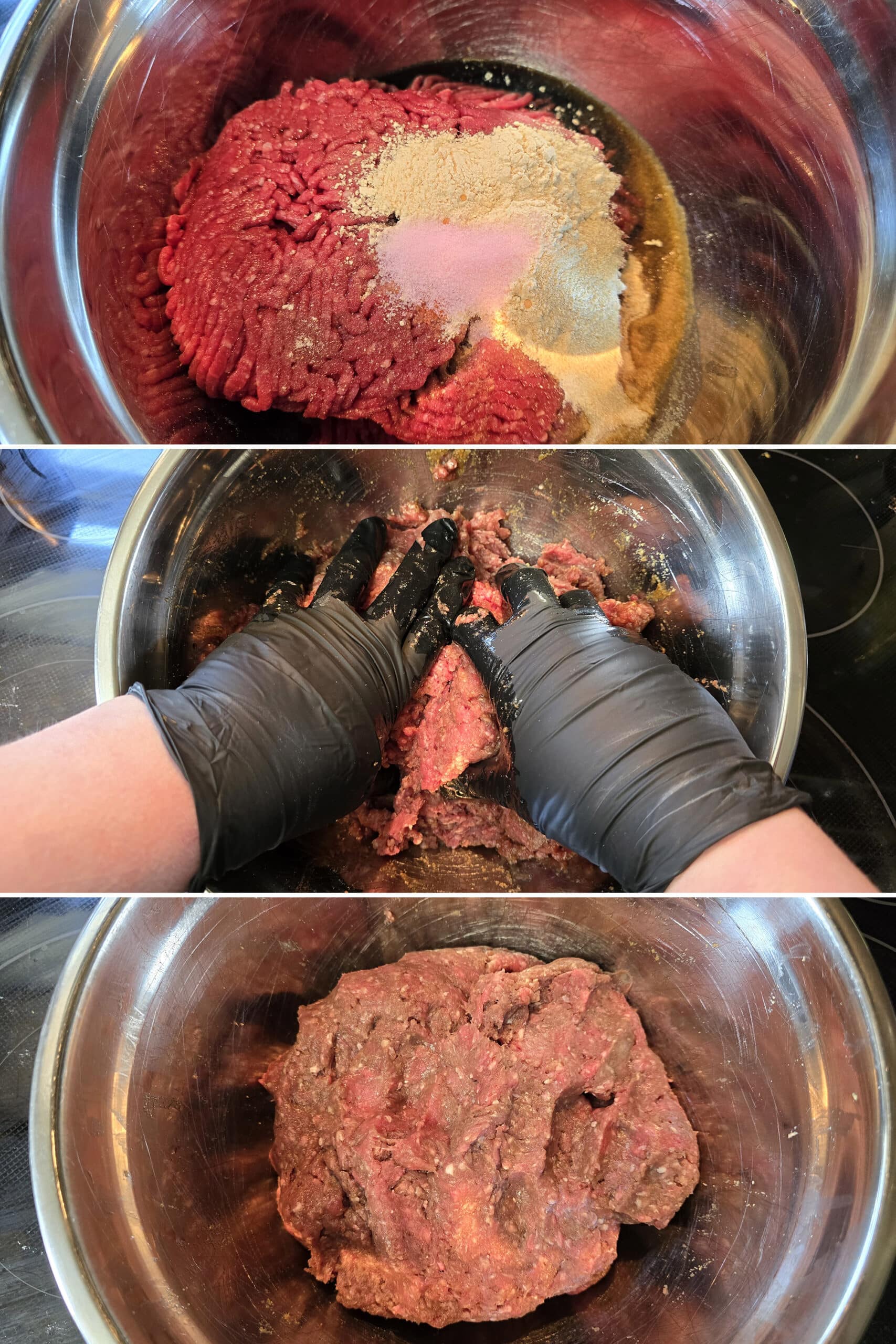 3 part image showing the ground beef being mixed with the rest of the homemade jerky ingredients.