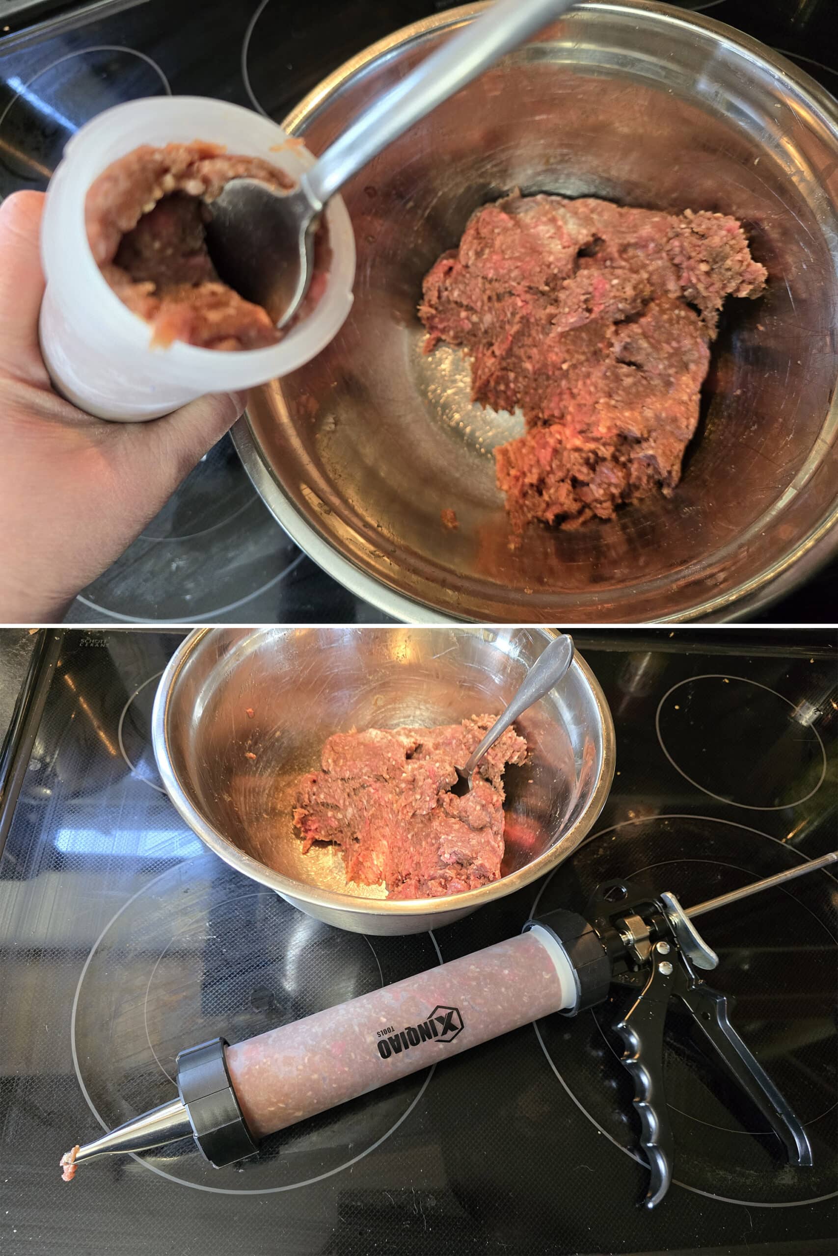 2 part image showing homemade ground beef jerky mixture being spooned into a jerky gun.