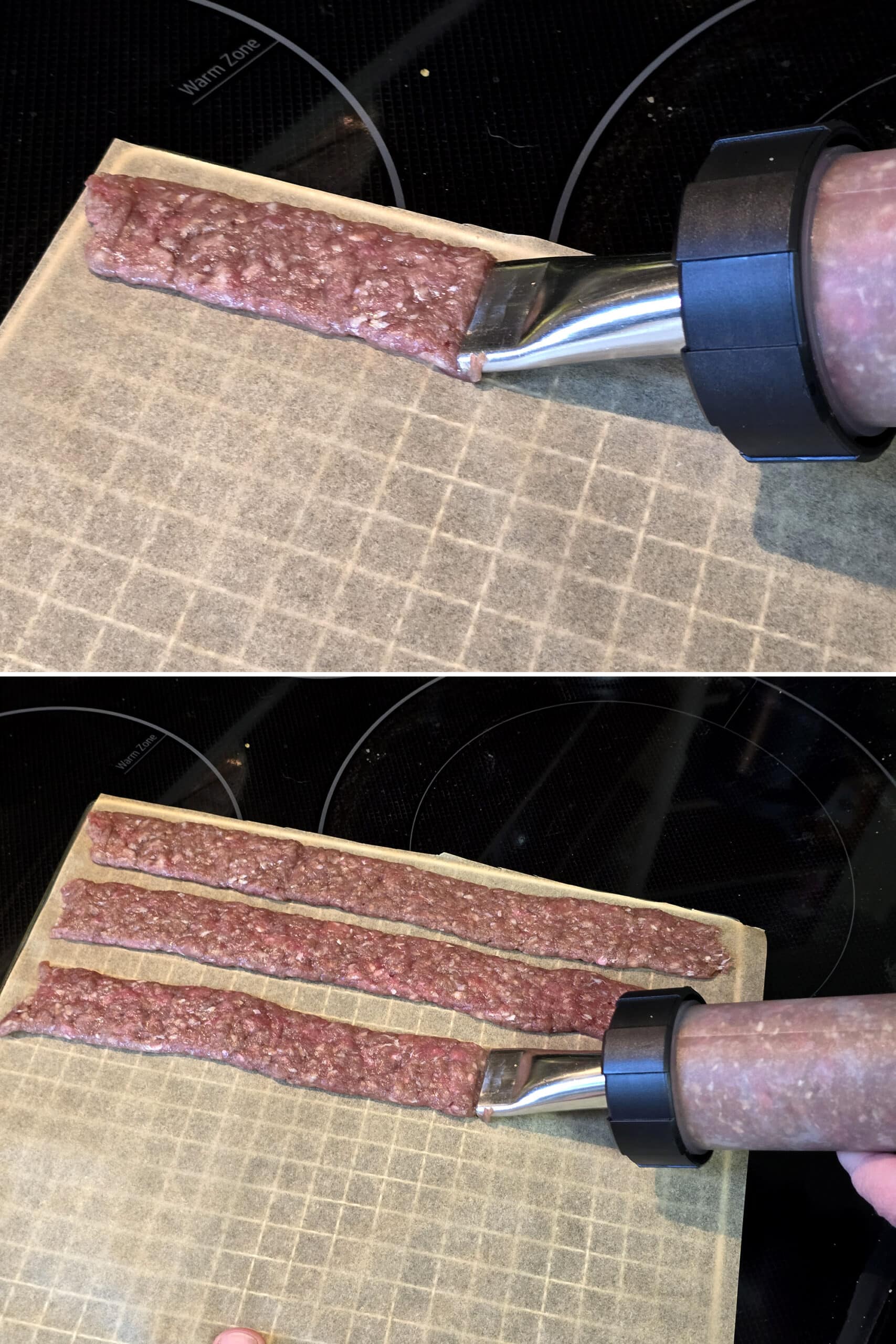 2 part image showing a jerky gun being used to pipe ground beef jerky mixture onto squares of parchment paper.