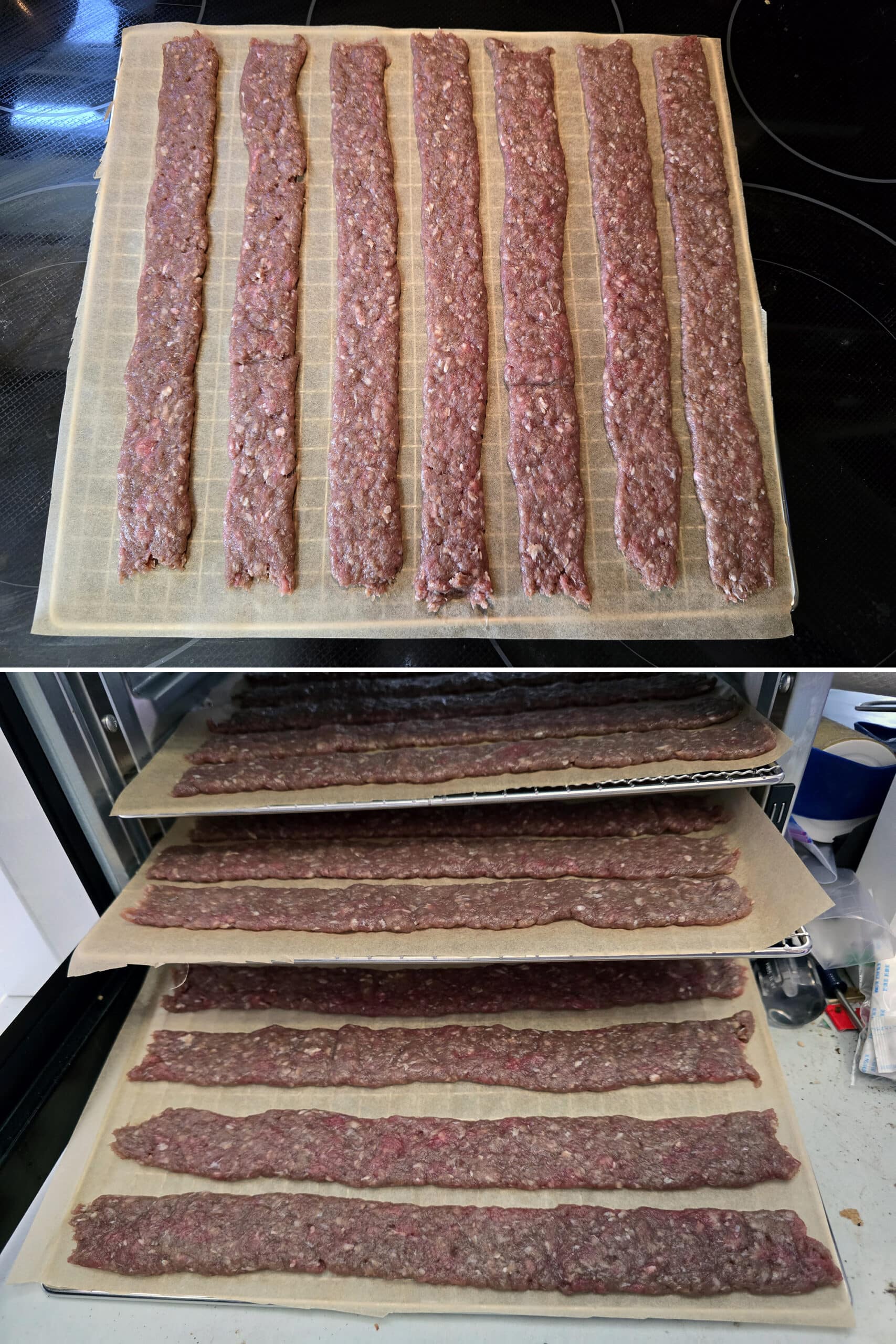 2 part image showing the piped sheets of ground beef jerky going into the food dehydrator.