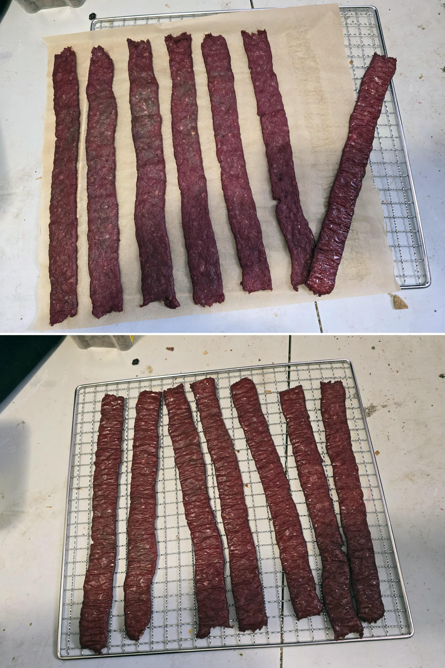 2 part image showing the beef jerky strips being pulled off the parchment and placed directly on the dehydrator racks.