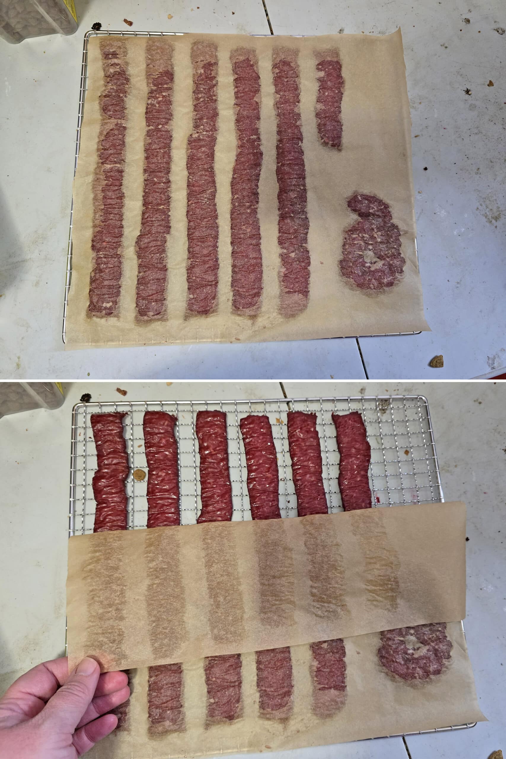 2 part image showing the beef jerky strips being pulled off the parchment and placed directly on the dehydrator racks.