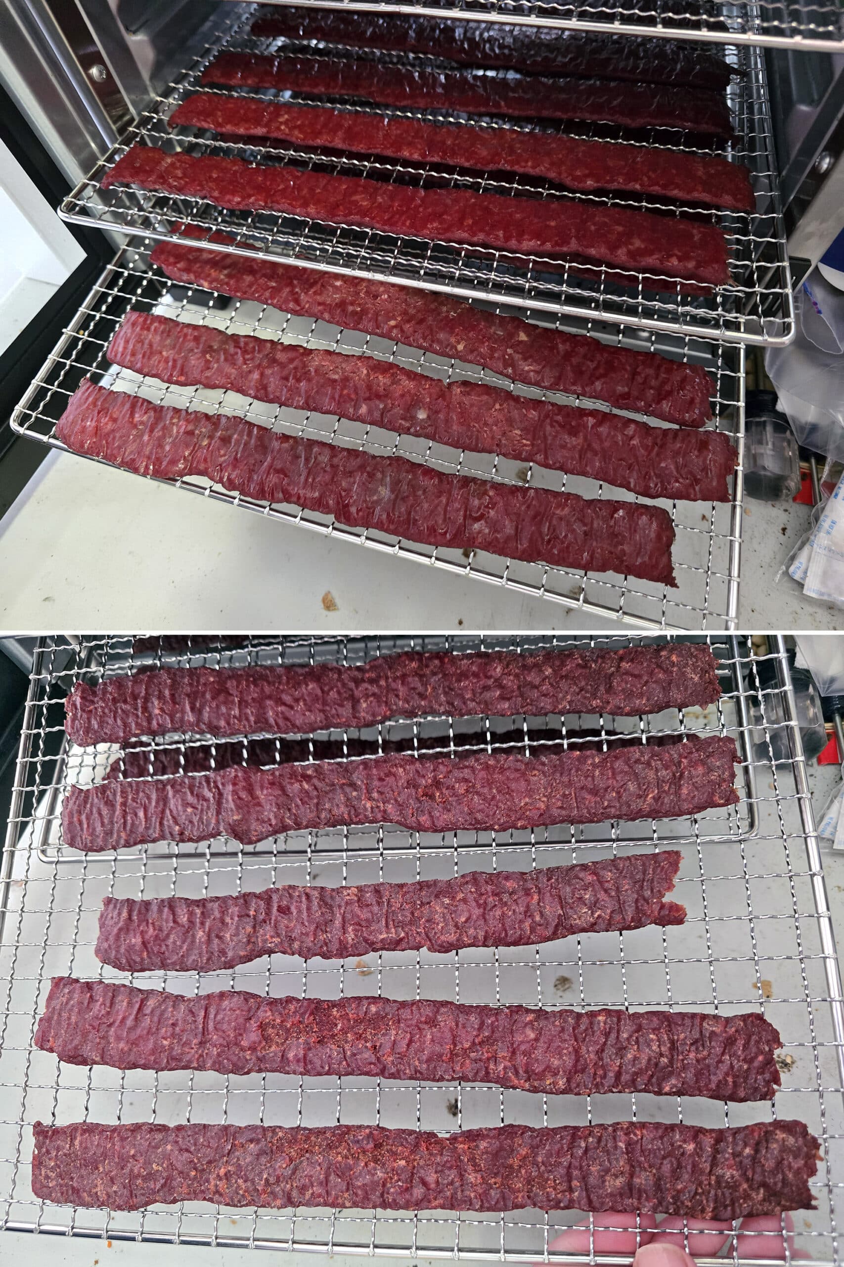 2 part image showing the homemade ground beef jerky before and after the final round of dehydrating.