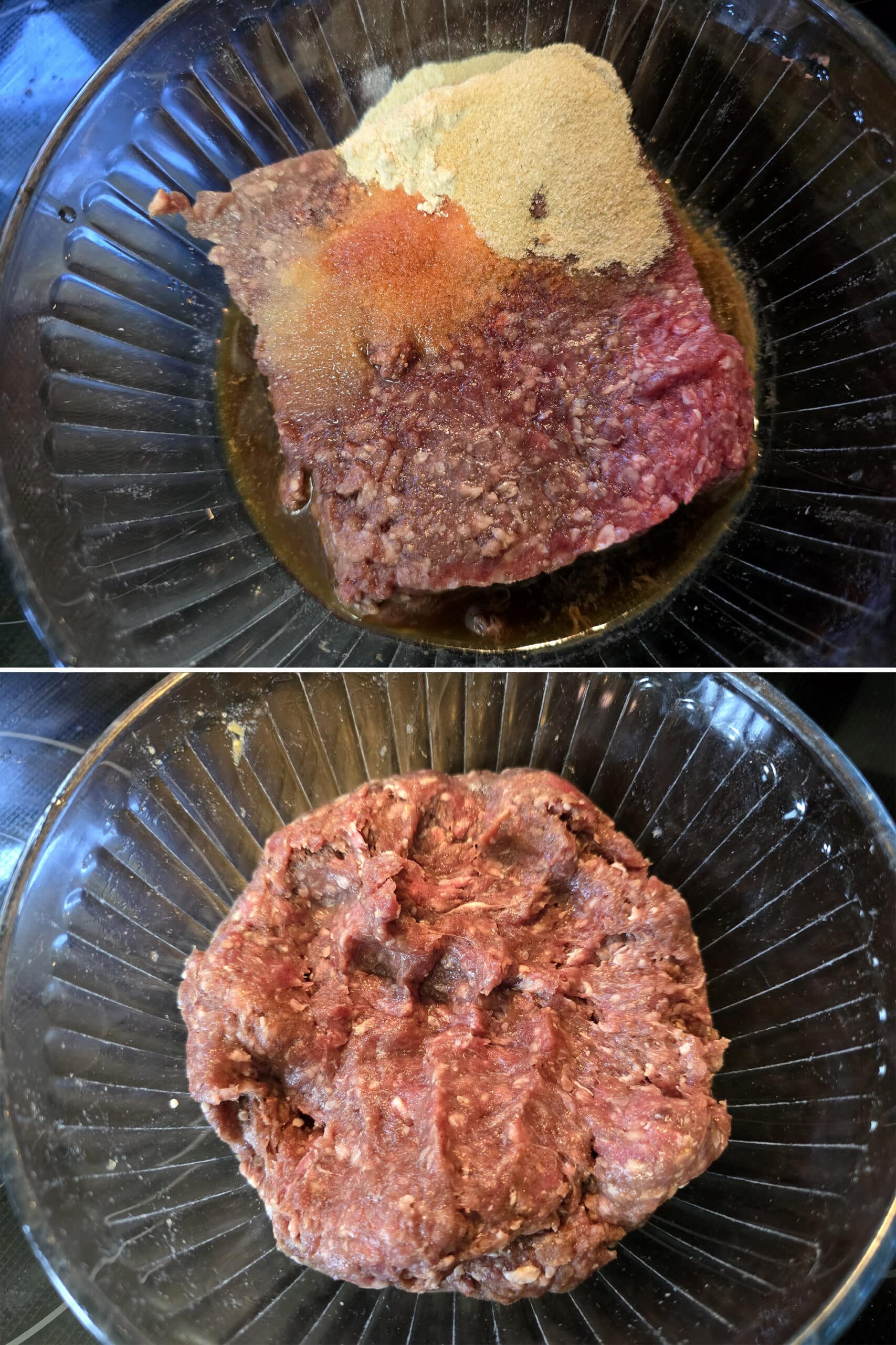 2 part image showing the ground venison being mixed with the rest of the jerky ingredients.