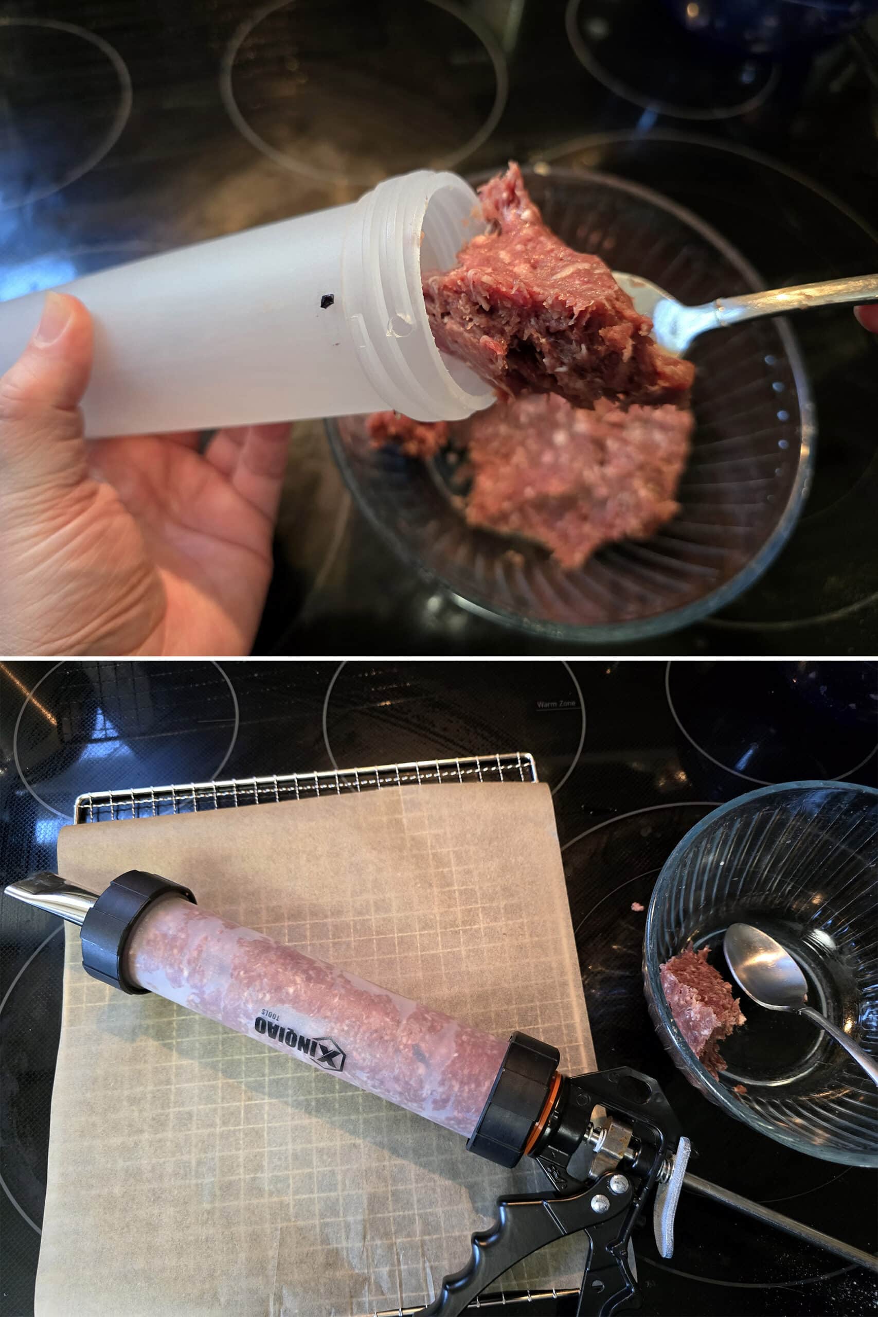 2 part image showing ground venison meat mixture being spooned into a jerky gun.