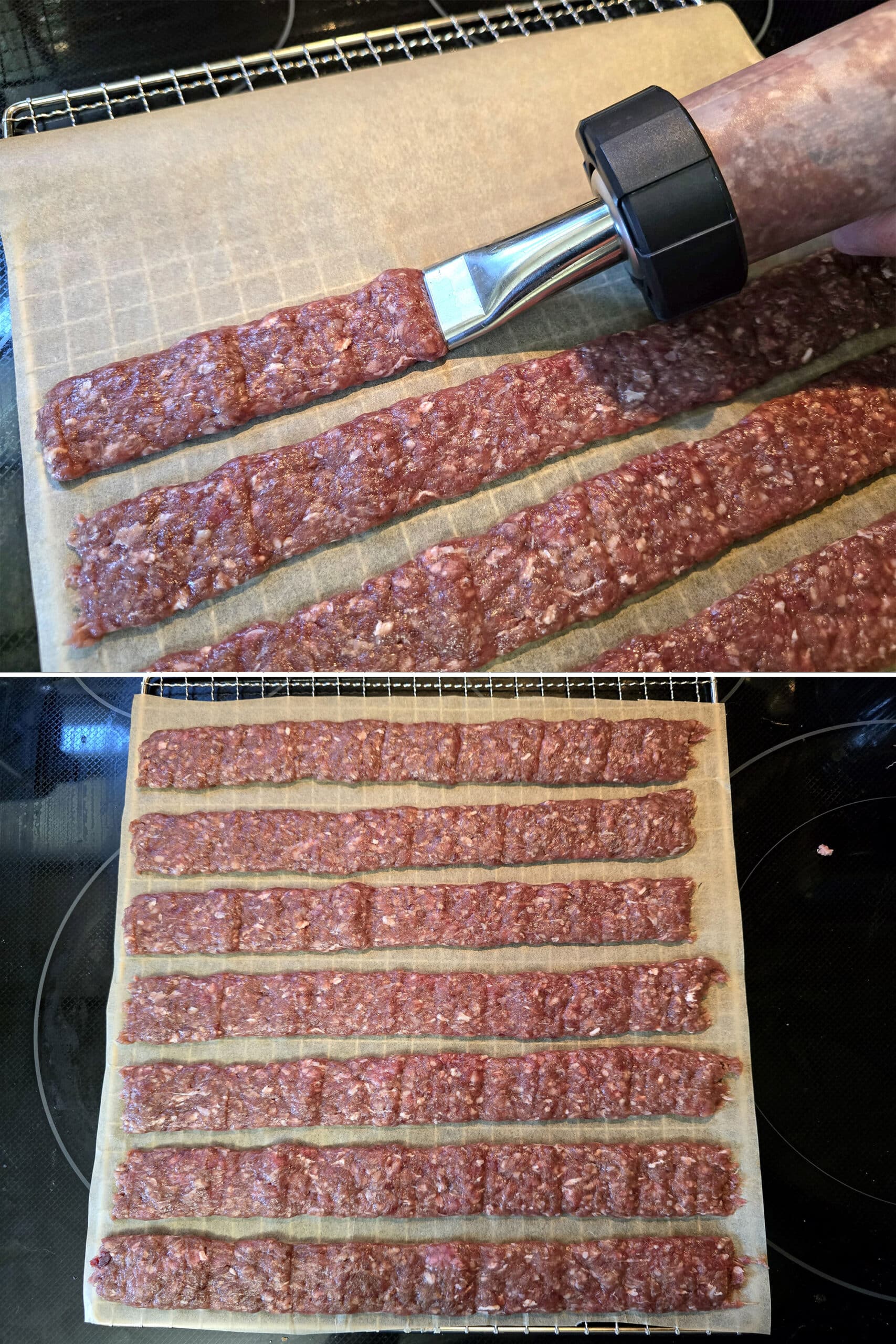 2 part image showing a jerky gun being used to pipe strips of the ground venison mixture onto parchment paper.