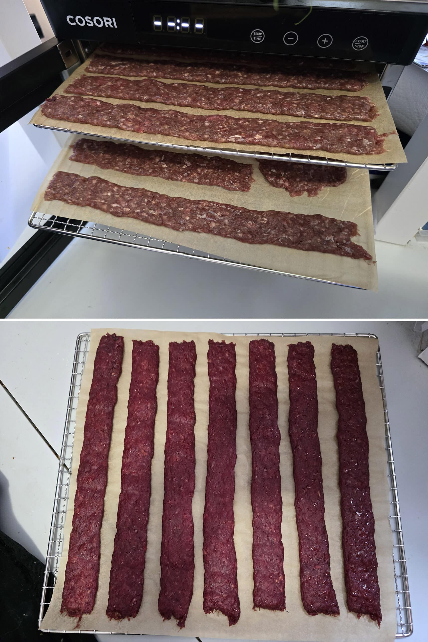 2 part image showing the homemade ground venison jerky strips before and after 2 hours of dehydrating.