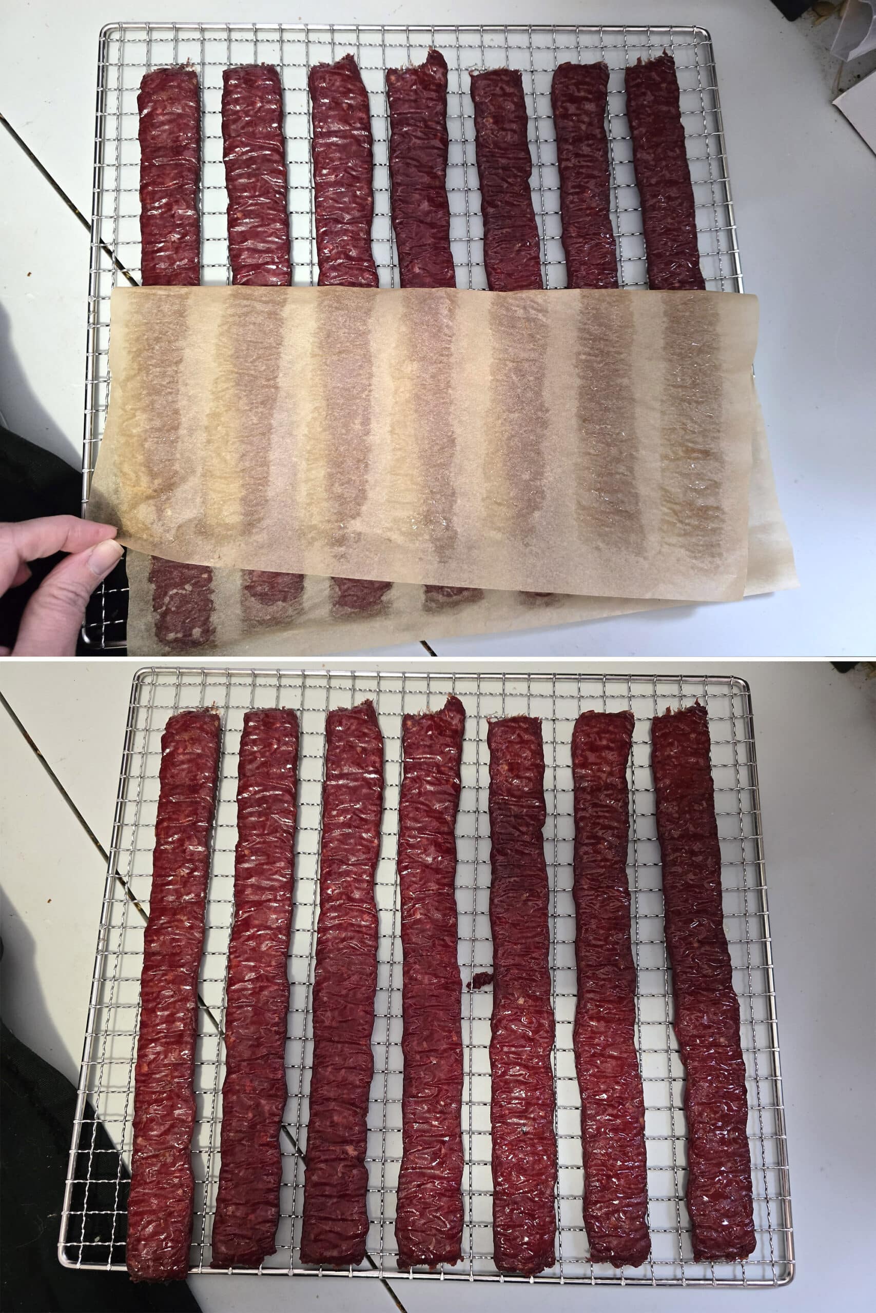 2 part image showing the homemade venison jerky strips being removed from the parchment and placed directly on the dehydrator racks.