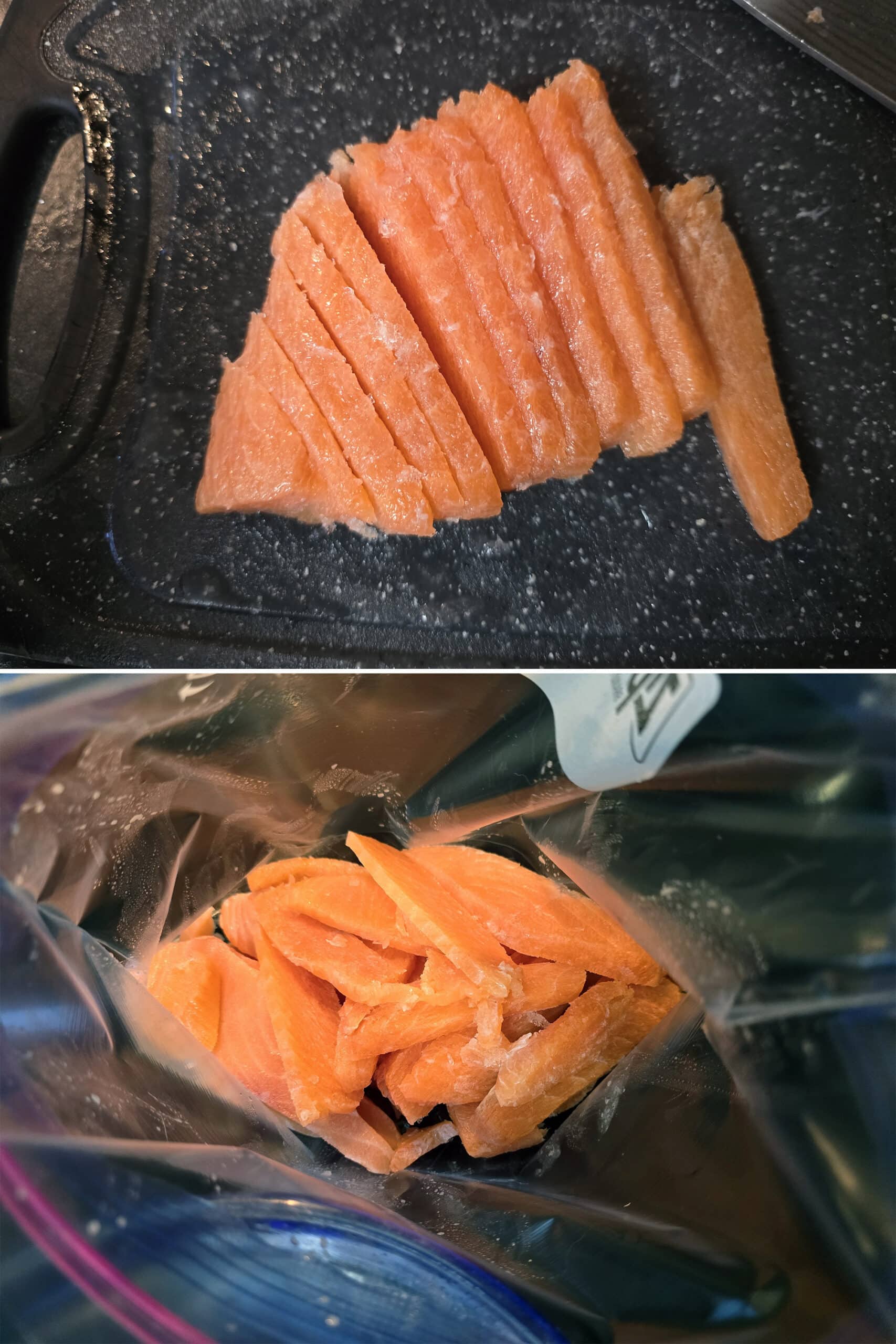 2 part image showing a partially frozen piece of salmon being sliced and put in a freezer baggie.