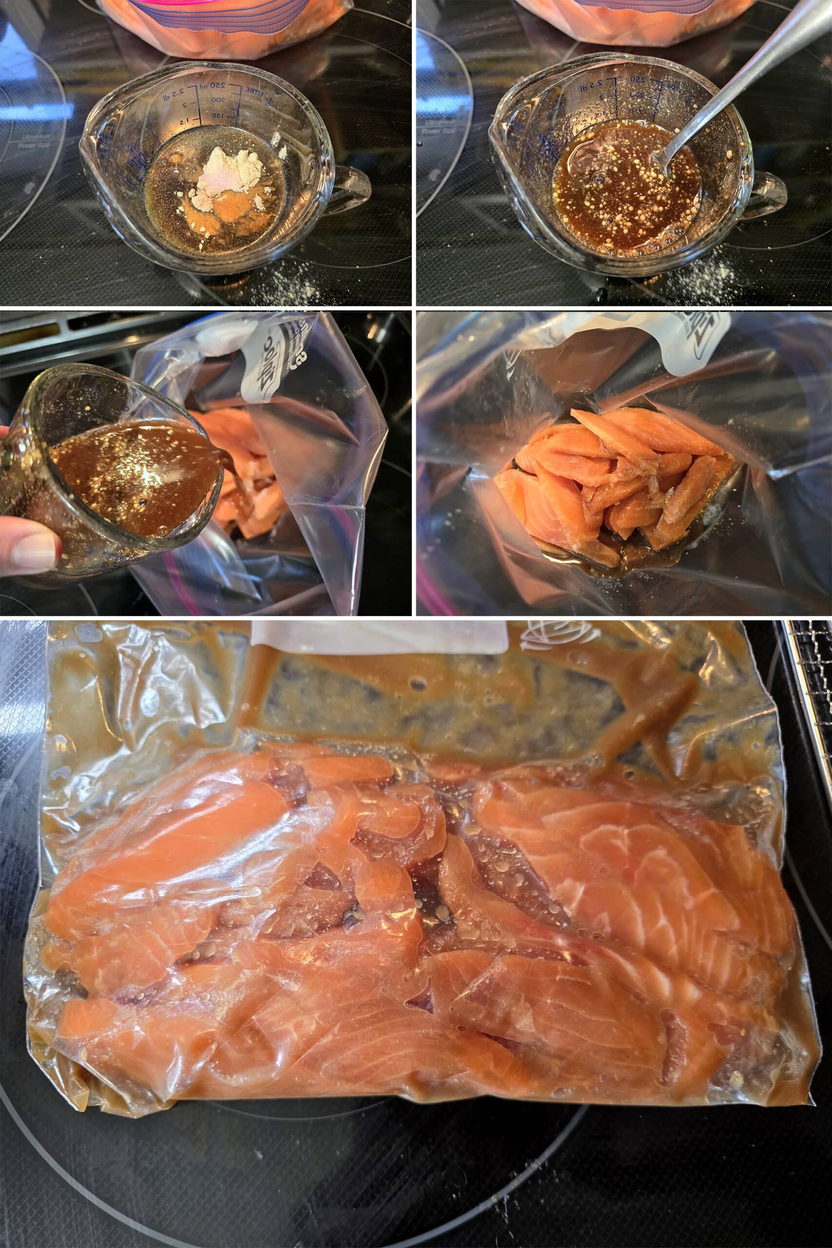 5 part image showing the maple salmon jerky marinade being mixed then poured into a baggie with the salmon slices.