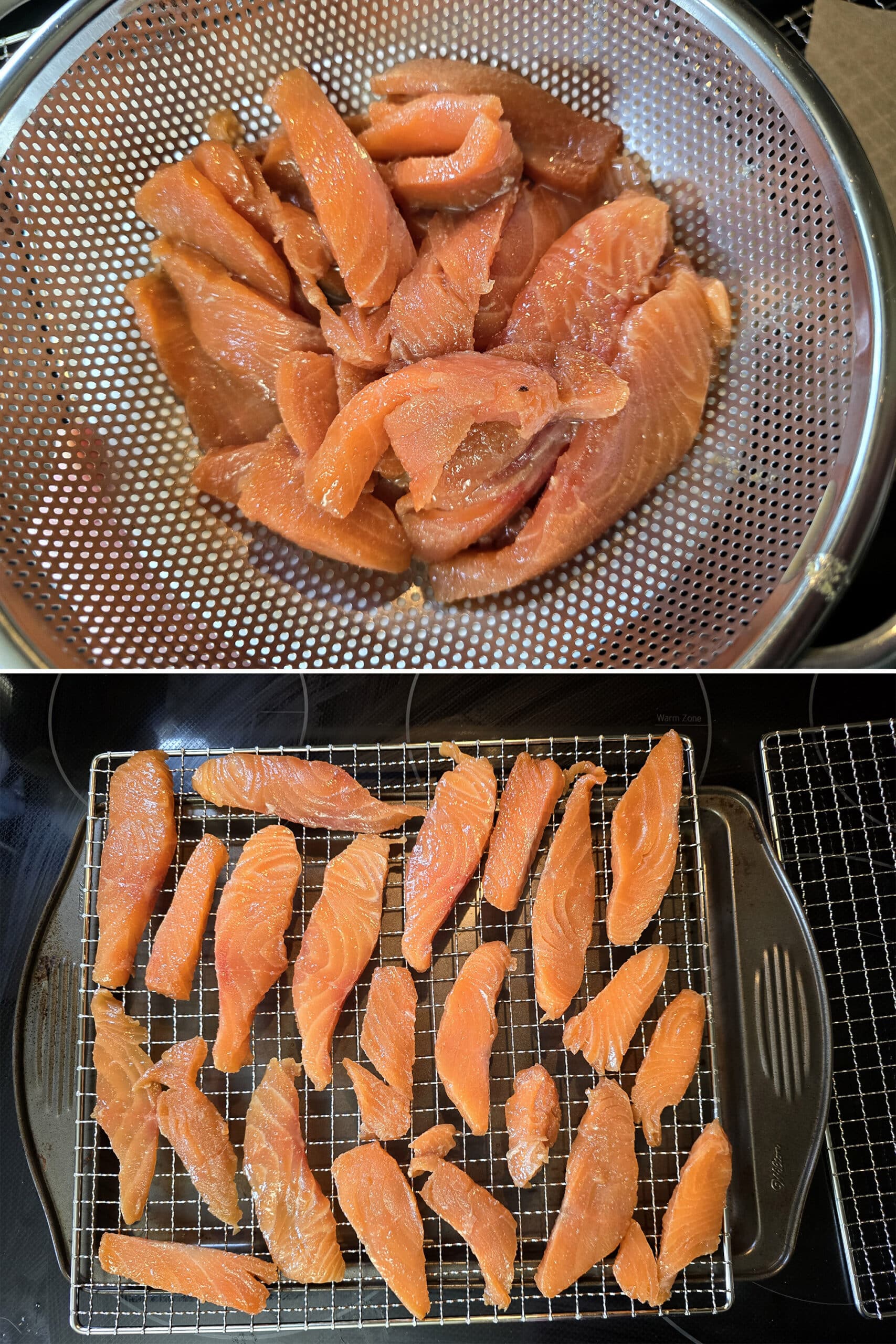 2 part image showing the marinated salmon strips draining in a colander then laid out on a food dehydrator tray.