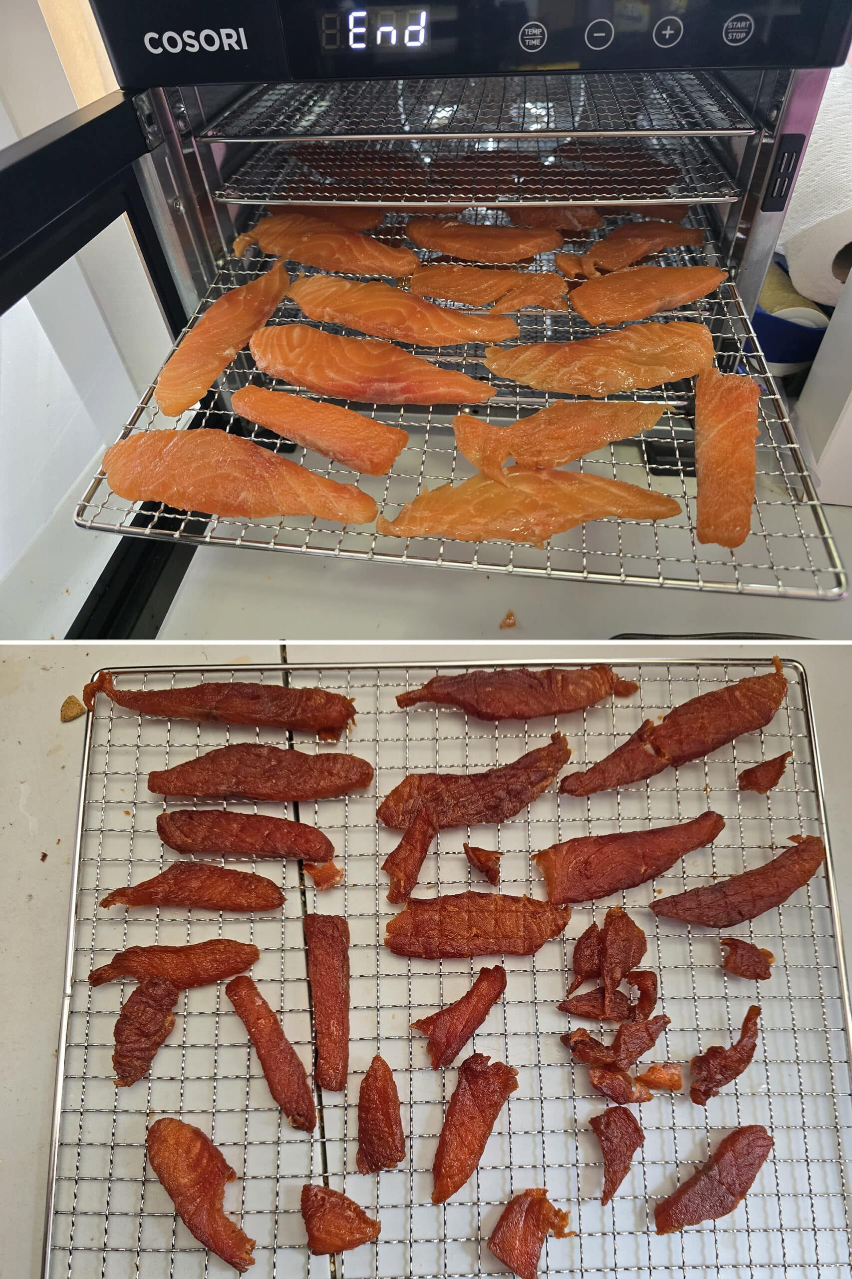 2 part image showing the salmon jerky before and after the final dehydrating.