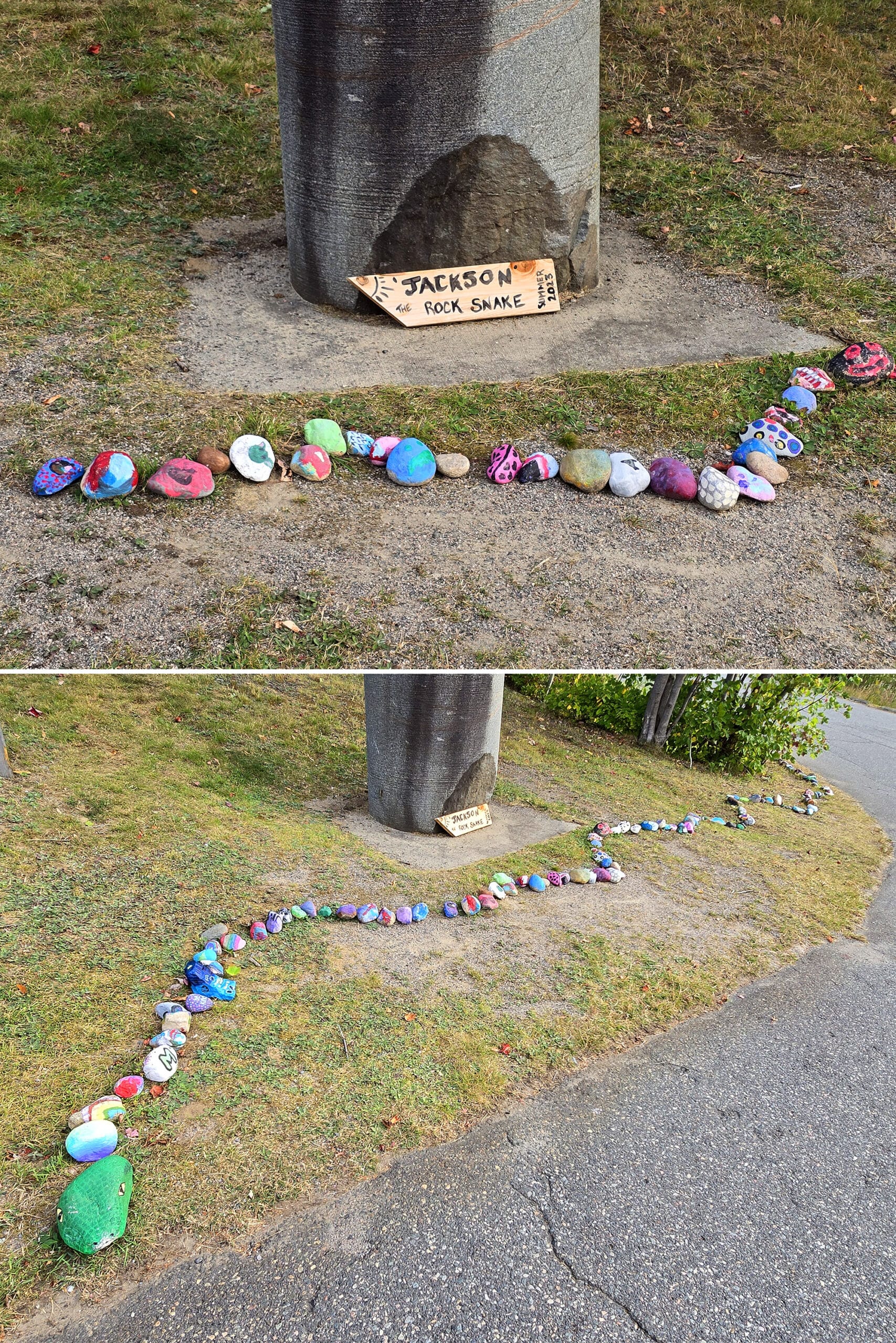 A snake display made of colourful painted rocks.