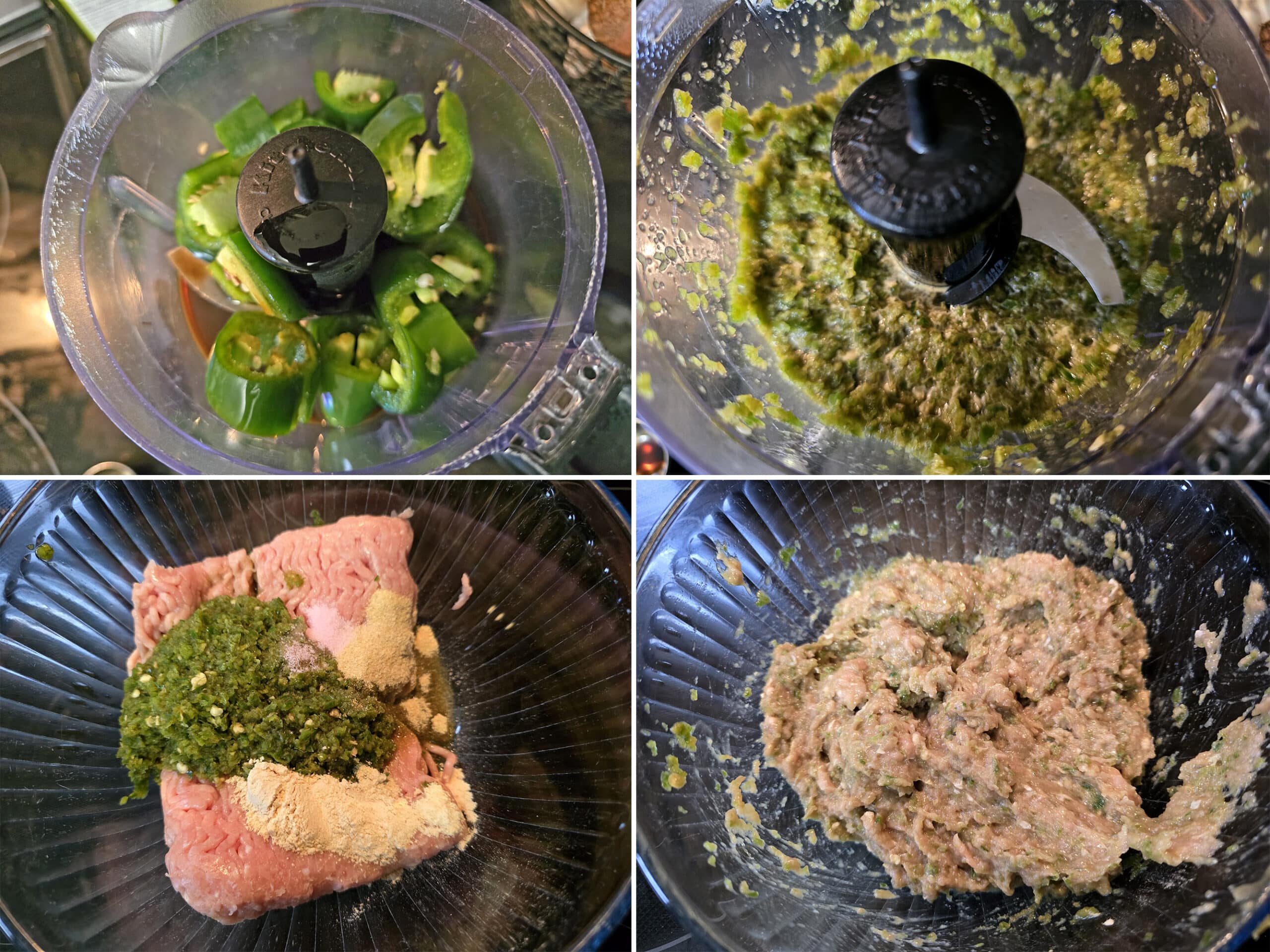 4 part image showing chopped jalapenos being run through a mini food processor then mixed with the rest of the jerky ingredients.