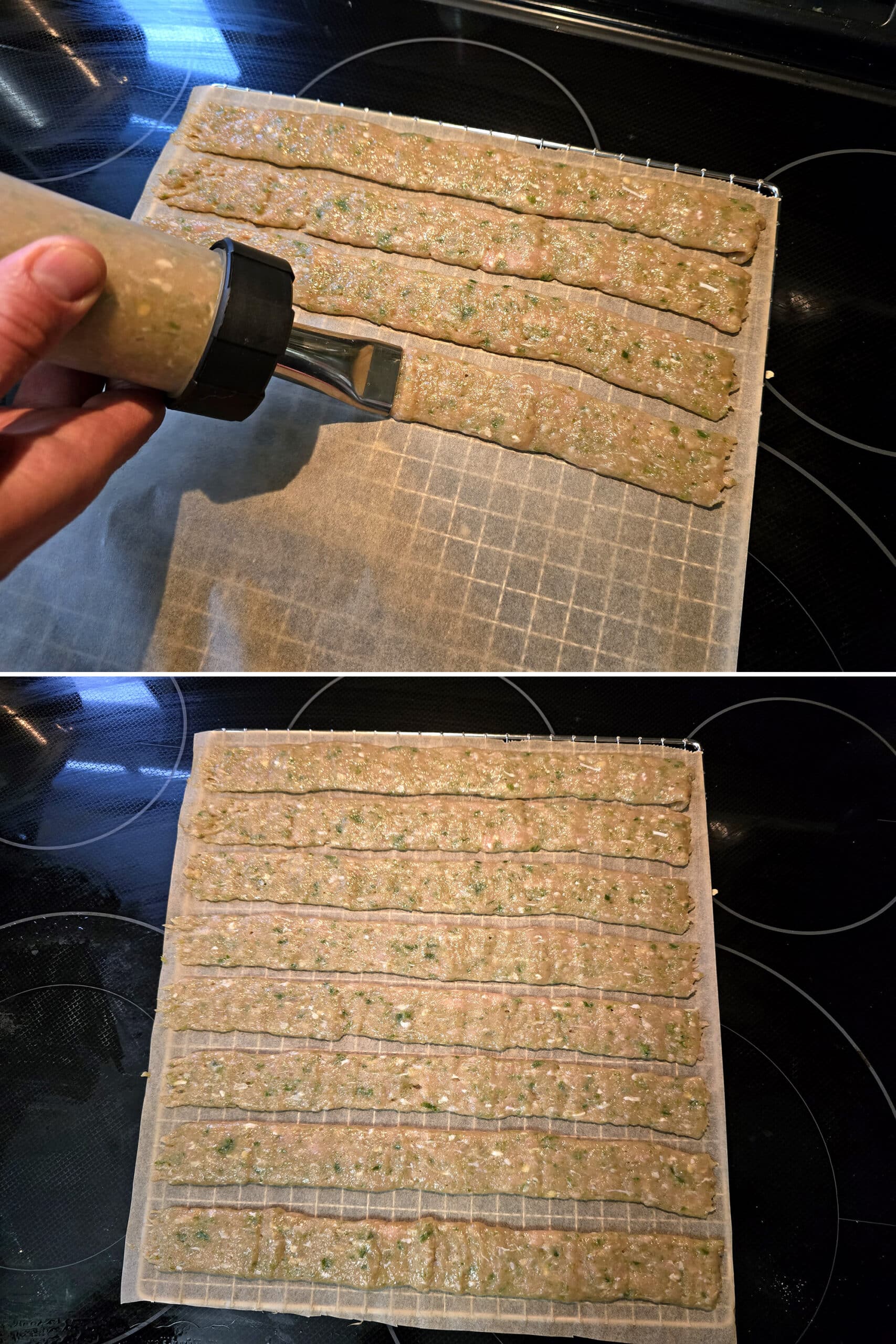 2 part image showing a jerky gun being used to pipe jalapeno chicken mixture onto parchment paper.