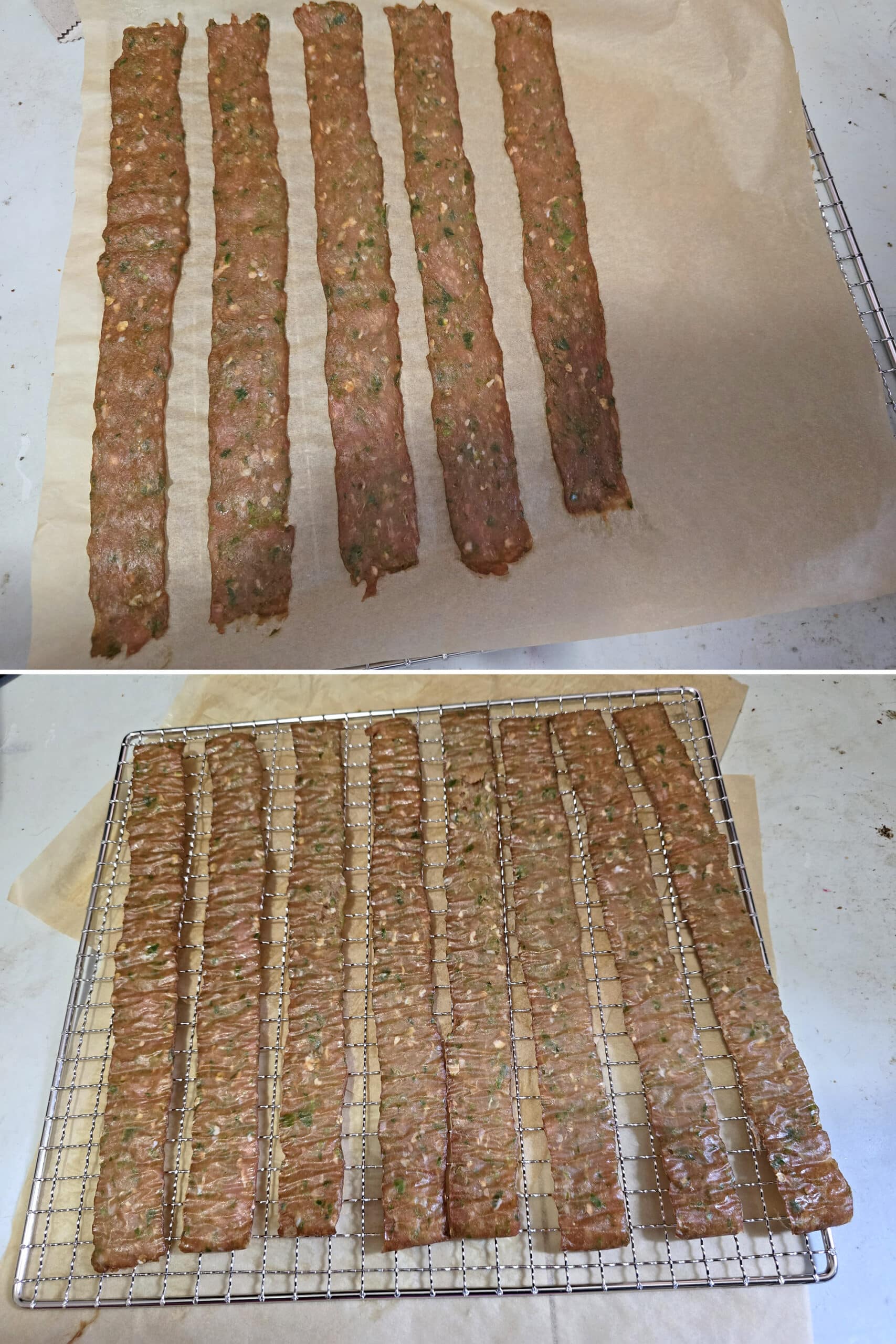 2 part image showing the jalapeno chicken jerky being removed from the parchment paper and put directly only the racks.