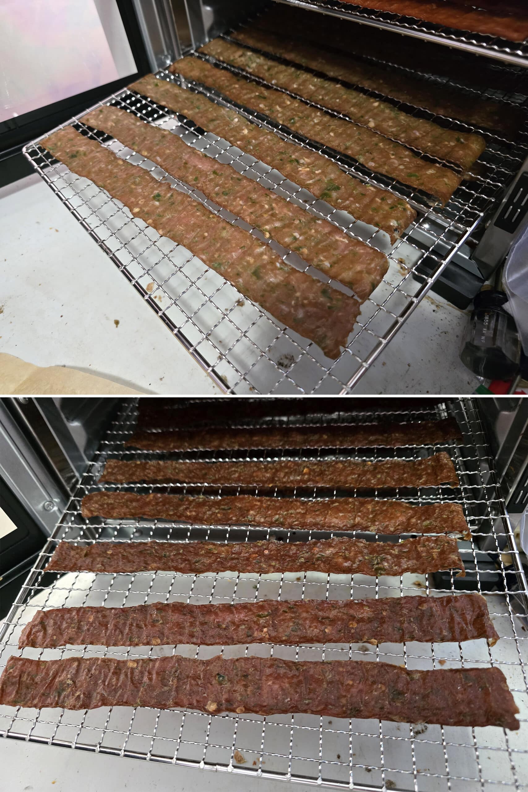 2 part image showing the jalapeno chicken jerky before and after the final drying stage.