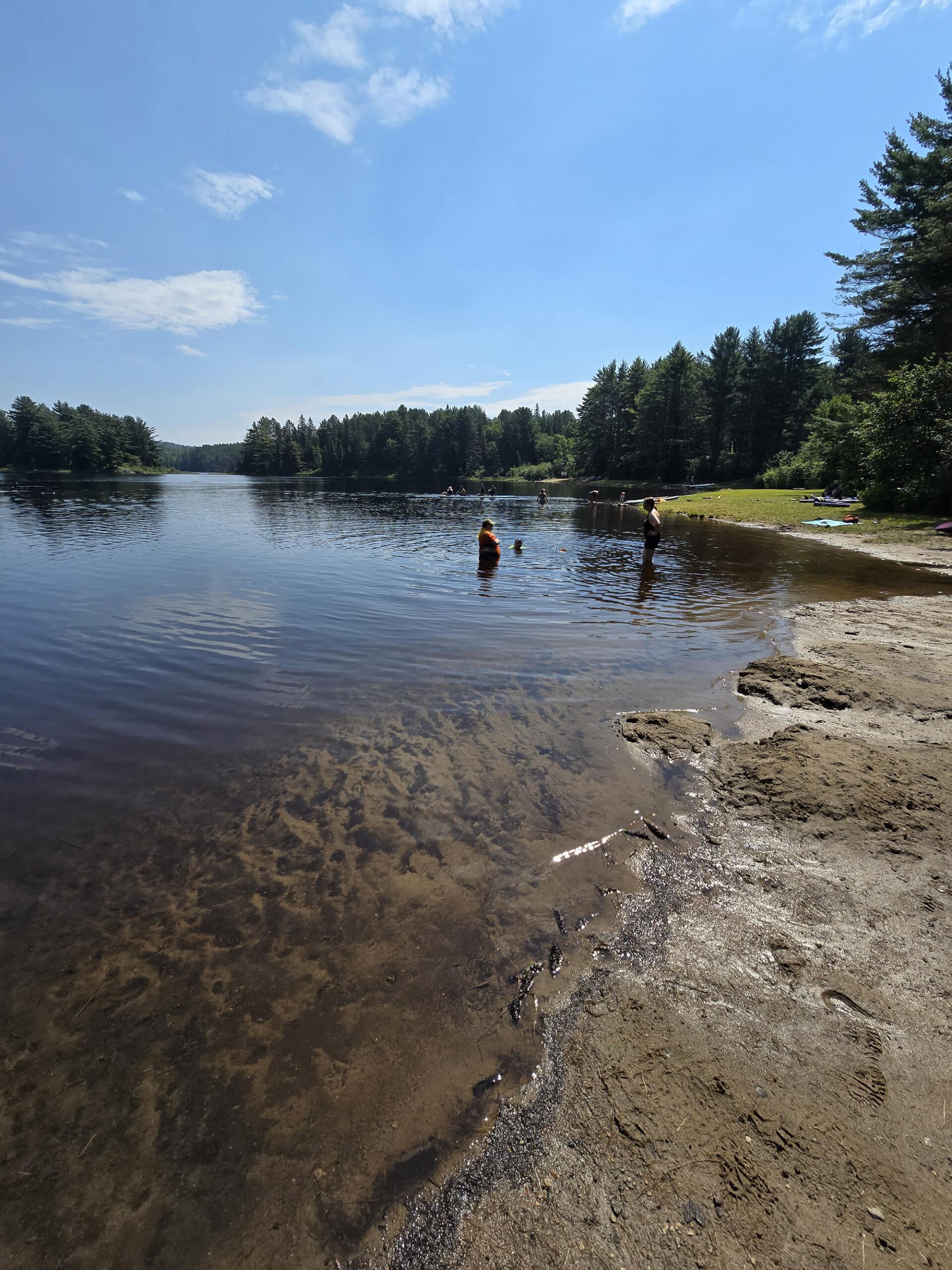 Kearney Lake, with a beach in the foreground.