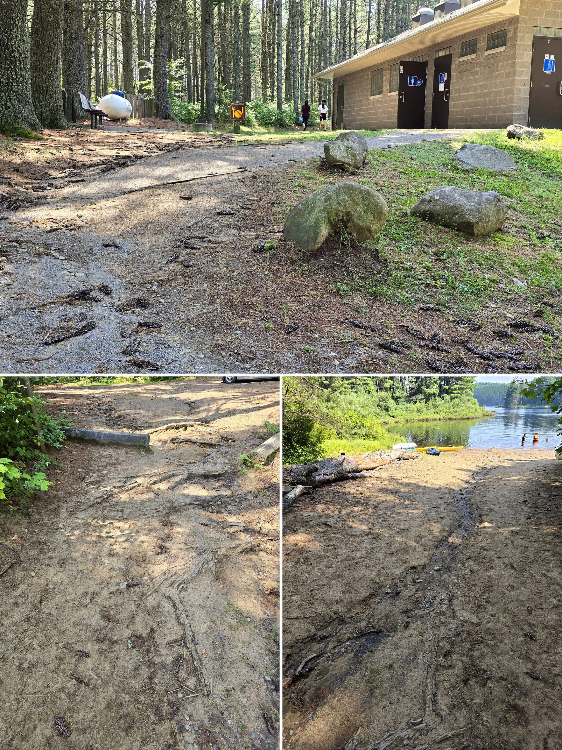 3 part image showing the paths to the comfort station and the beaches.