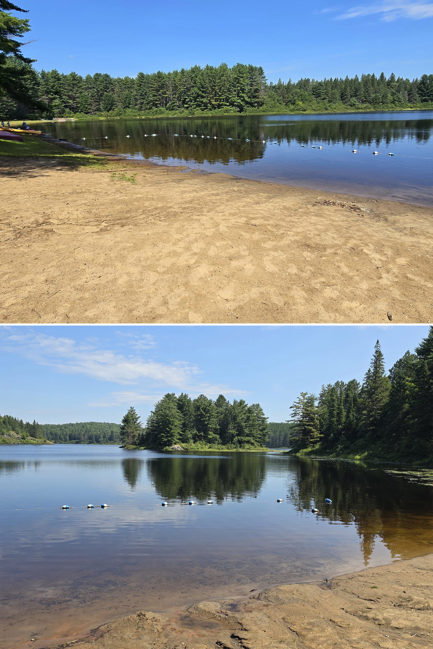 2 part image showing a sandy beach at Kearney Lake Campground.