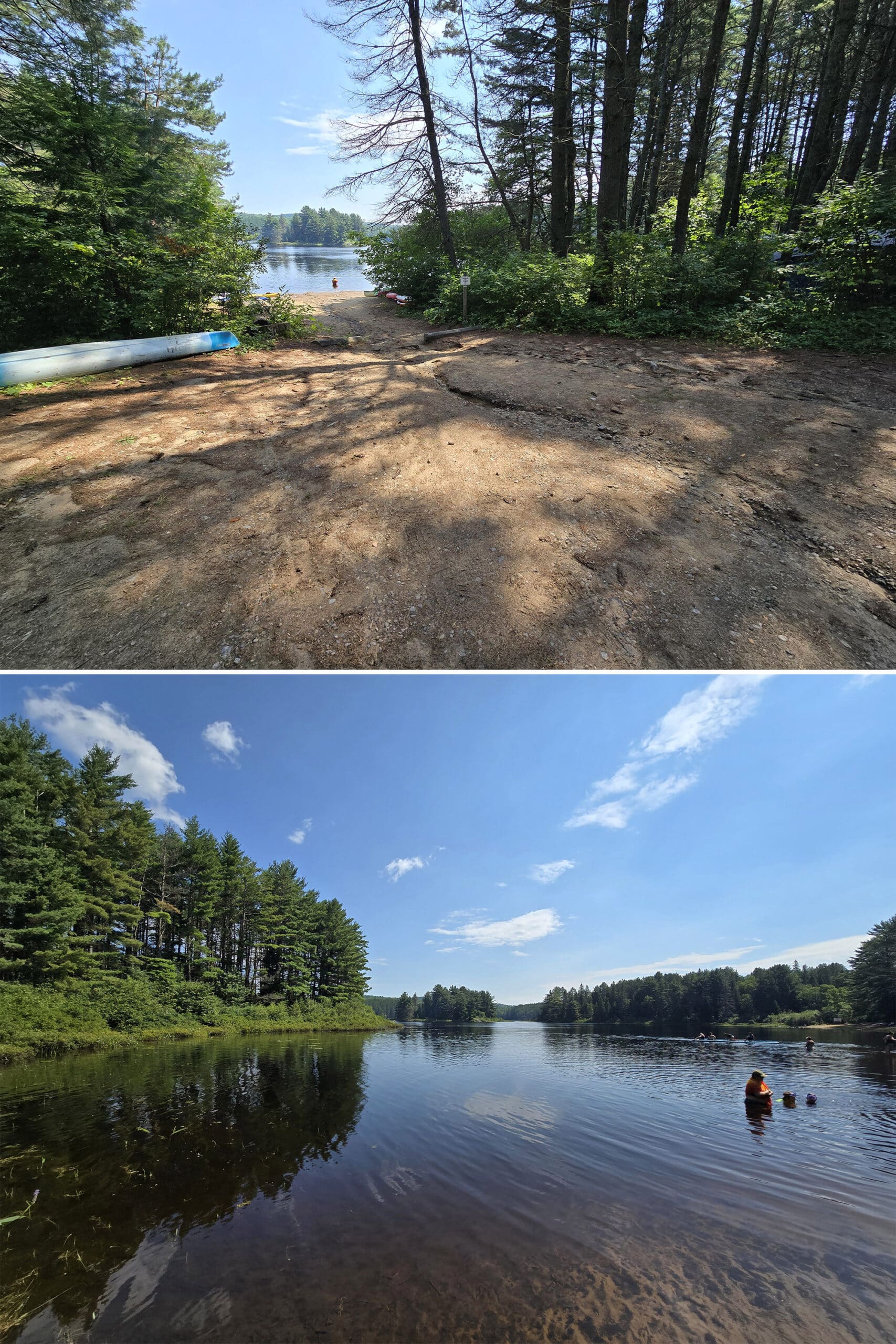 2 part image showing the beach and swimming area at Kearney Lake Campground.