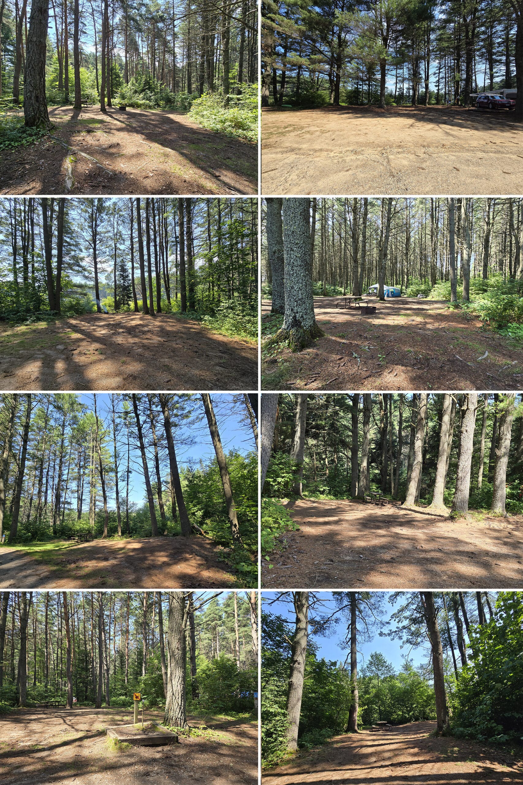 8 part image showing various campsites at Kearney Lake campground in algonquin provincial park.